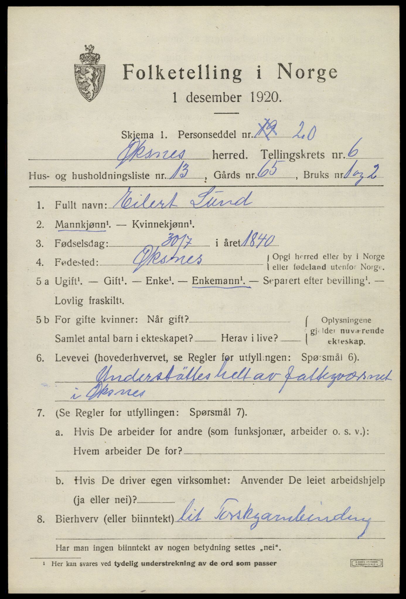 SAT, 1920 census for Øksnes, 1920, p. 5096