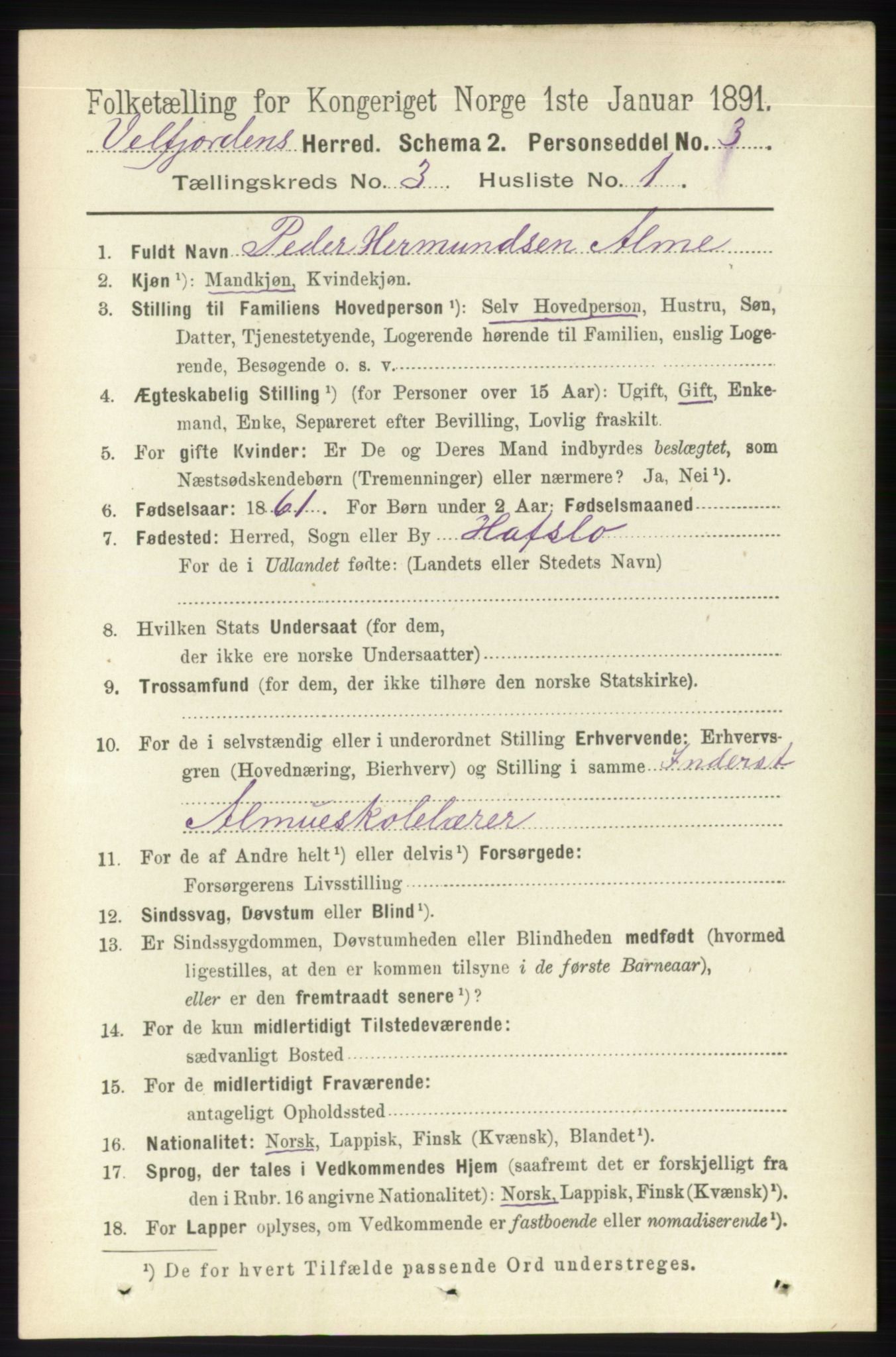 RA, 1891 census for 1813 Velfjord, 1891, p. 1032