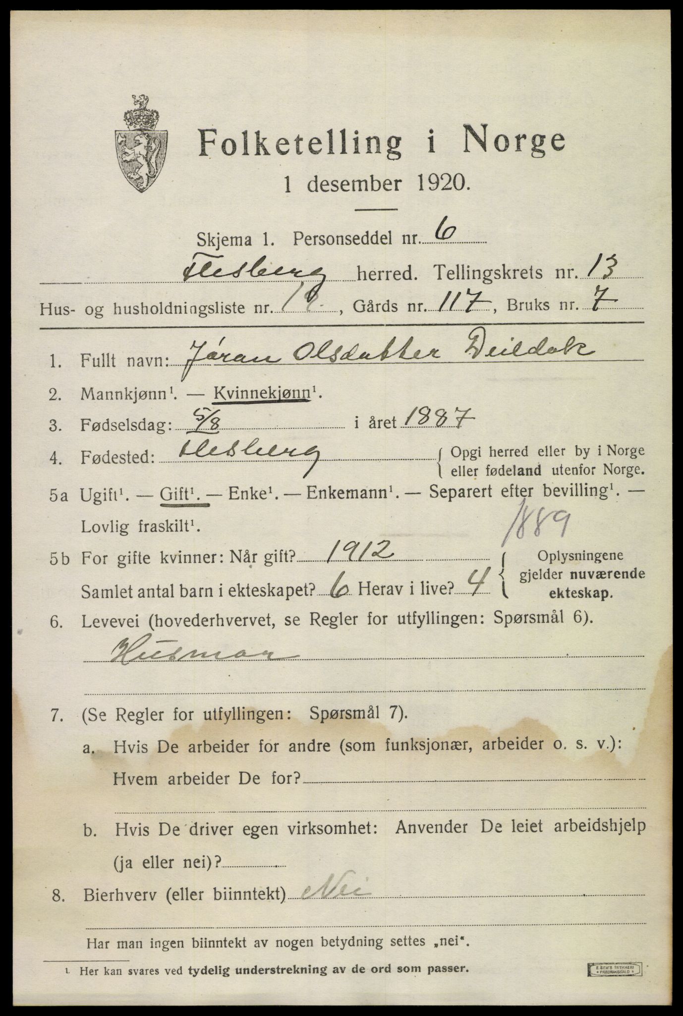 SAKO, 1920 census for Flesberg, 1920, p. 4179