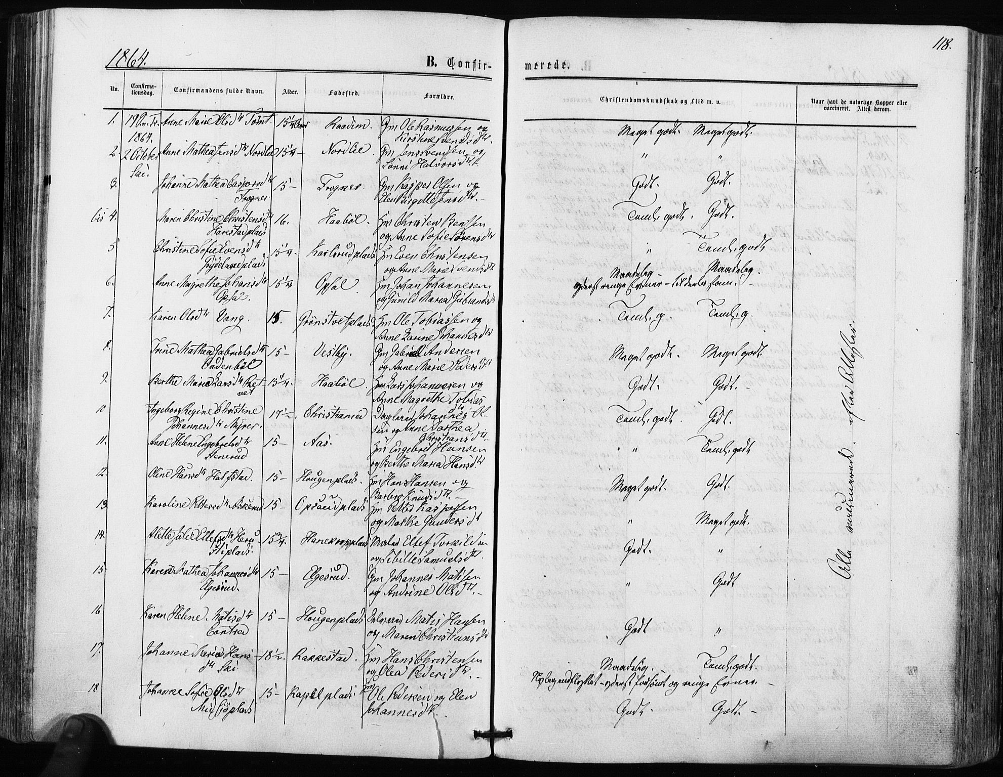 Kråkstad prestekontor Kirkebøker, SAO/A-10125a/F/Fa/L0007: Parish register (official) no. I 7, 1858-1870, p. 118