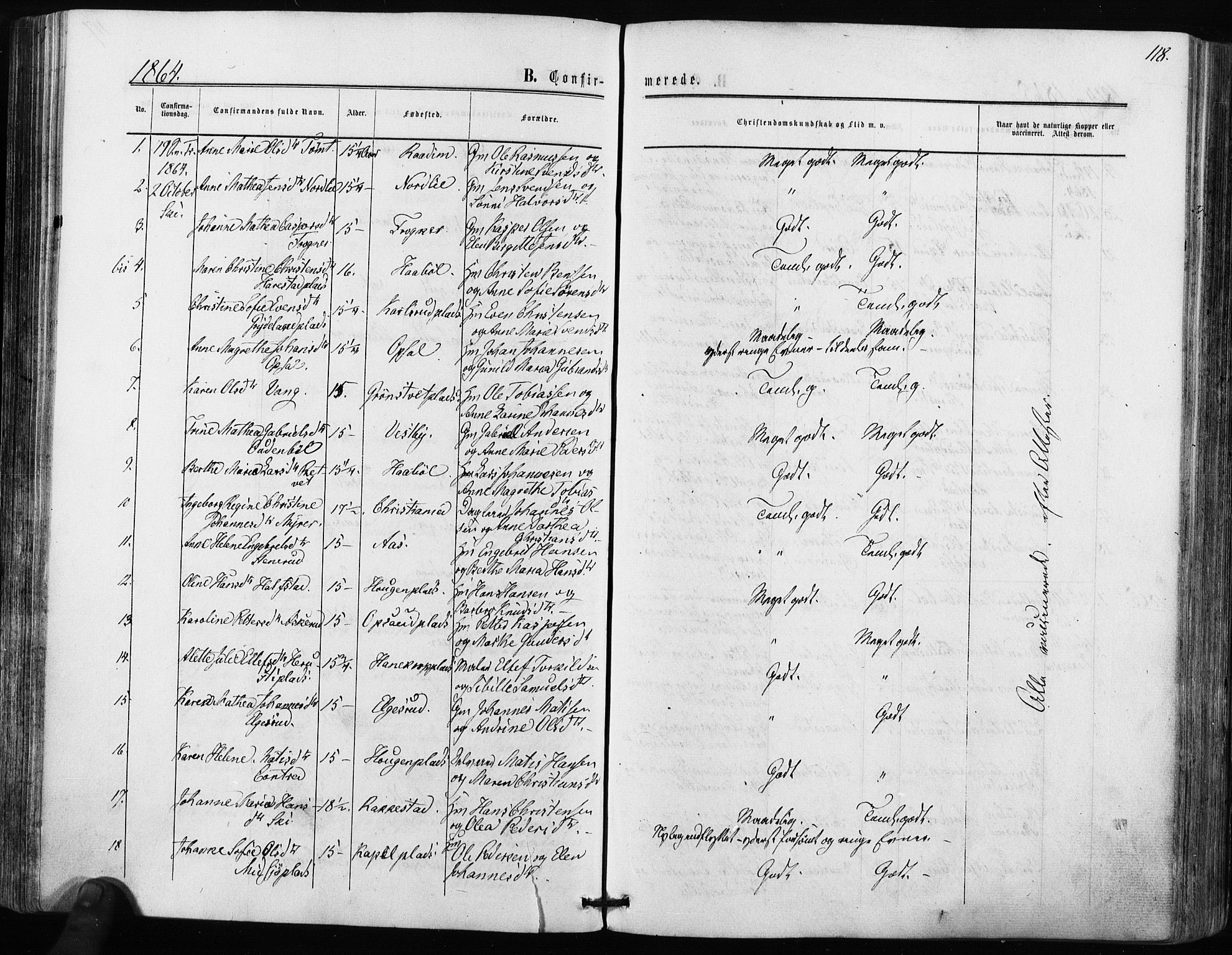 Kråkstad prestekontor Kirkebøker, AV/SAO-A-10125a/F/Fa/L0007: Parish register (official) no. I 7, 1858-1870, p. 118