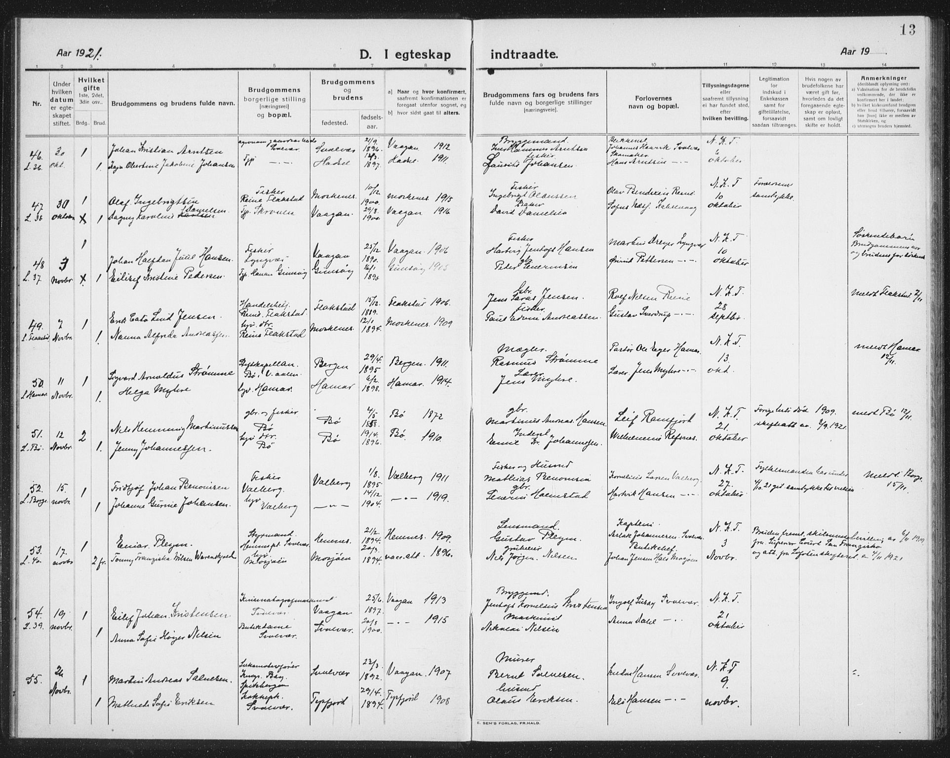 Ministerialprotokoller, klokkerbøker og fødselsregistre - Nordland, AV/SAT-A-1459/874/L1082: Parish register (copy) no. 874C11, 1920-1939, p. 13