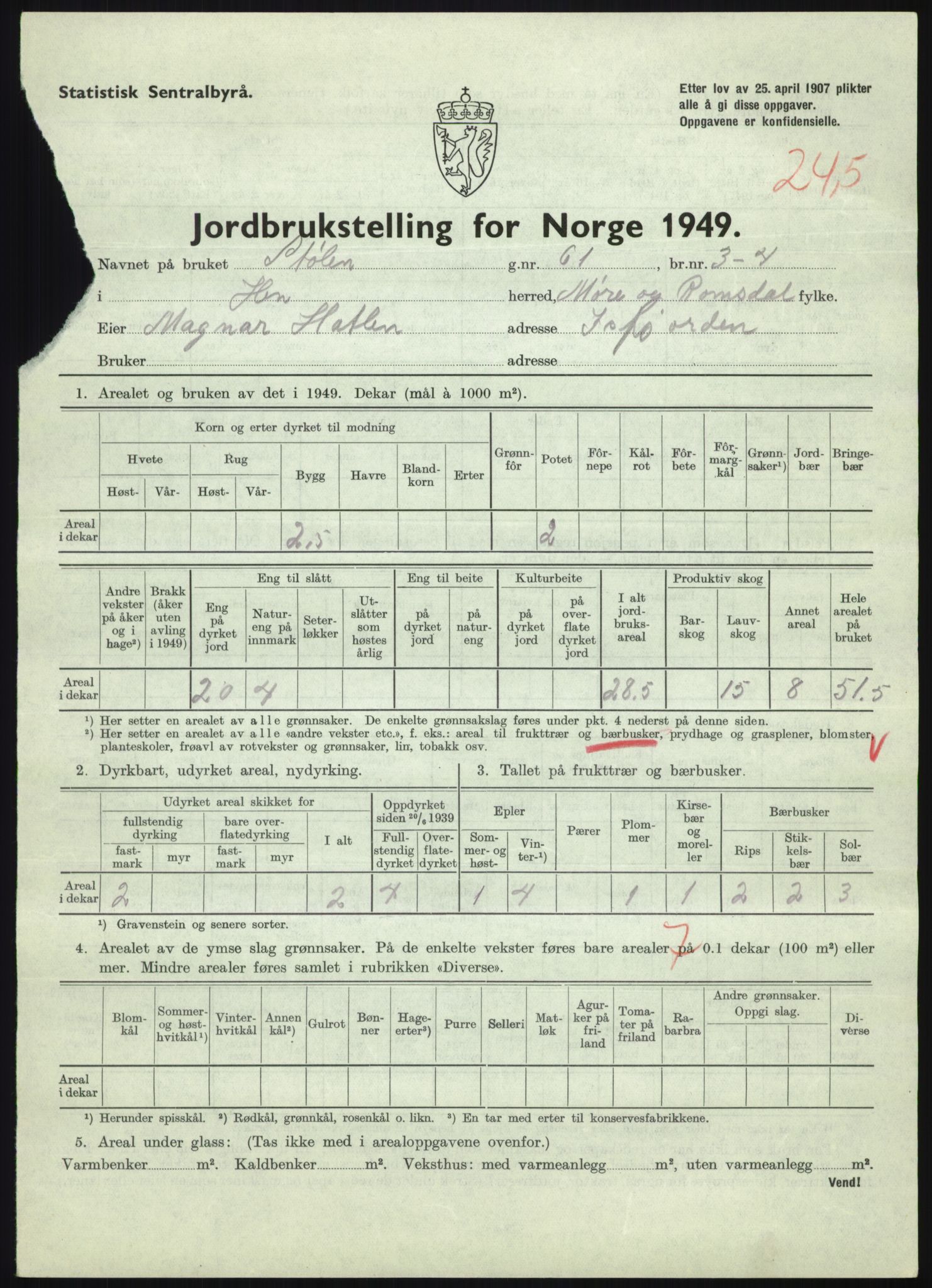 Statistisk sentralbyrå, Næringsøkonomiske emner, Jordbruk, skogbruk, jakt, fiske og fangst, AV/RA-S-2234/G/Gc/L0323: Møre og Romsdal: Grytten og Hen, 1949, p. 697