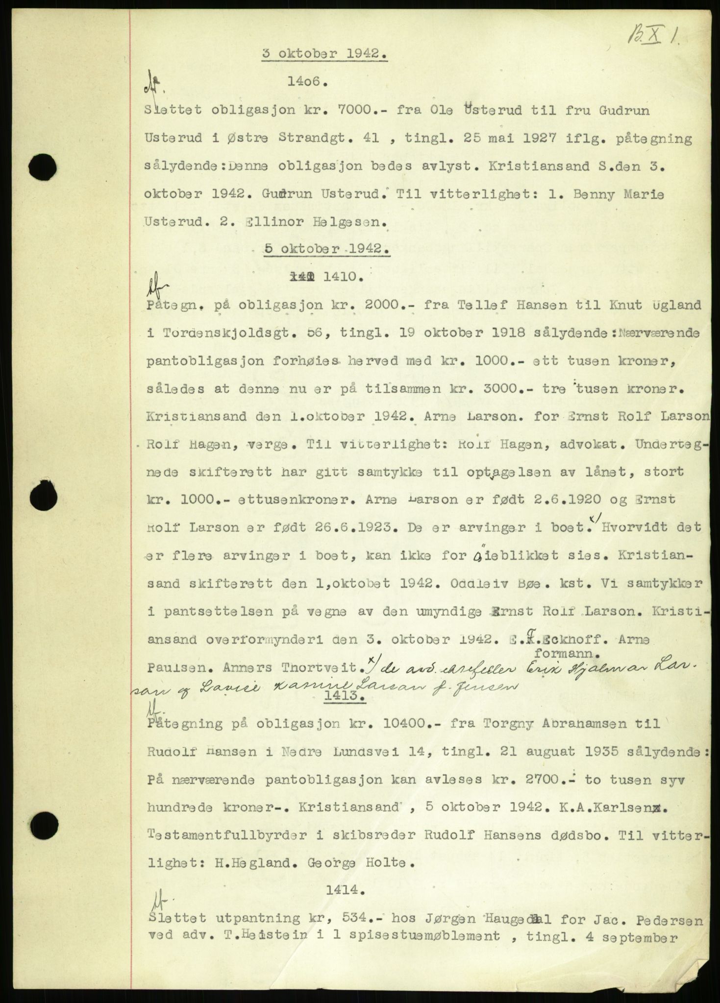 Kristiansand byrett, AV/SAK-1223-0001/G/Gb/Gbb/L0007: Mortgage book no. B 10, 1942-1944, Diary no: : 1406/1942