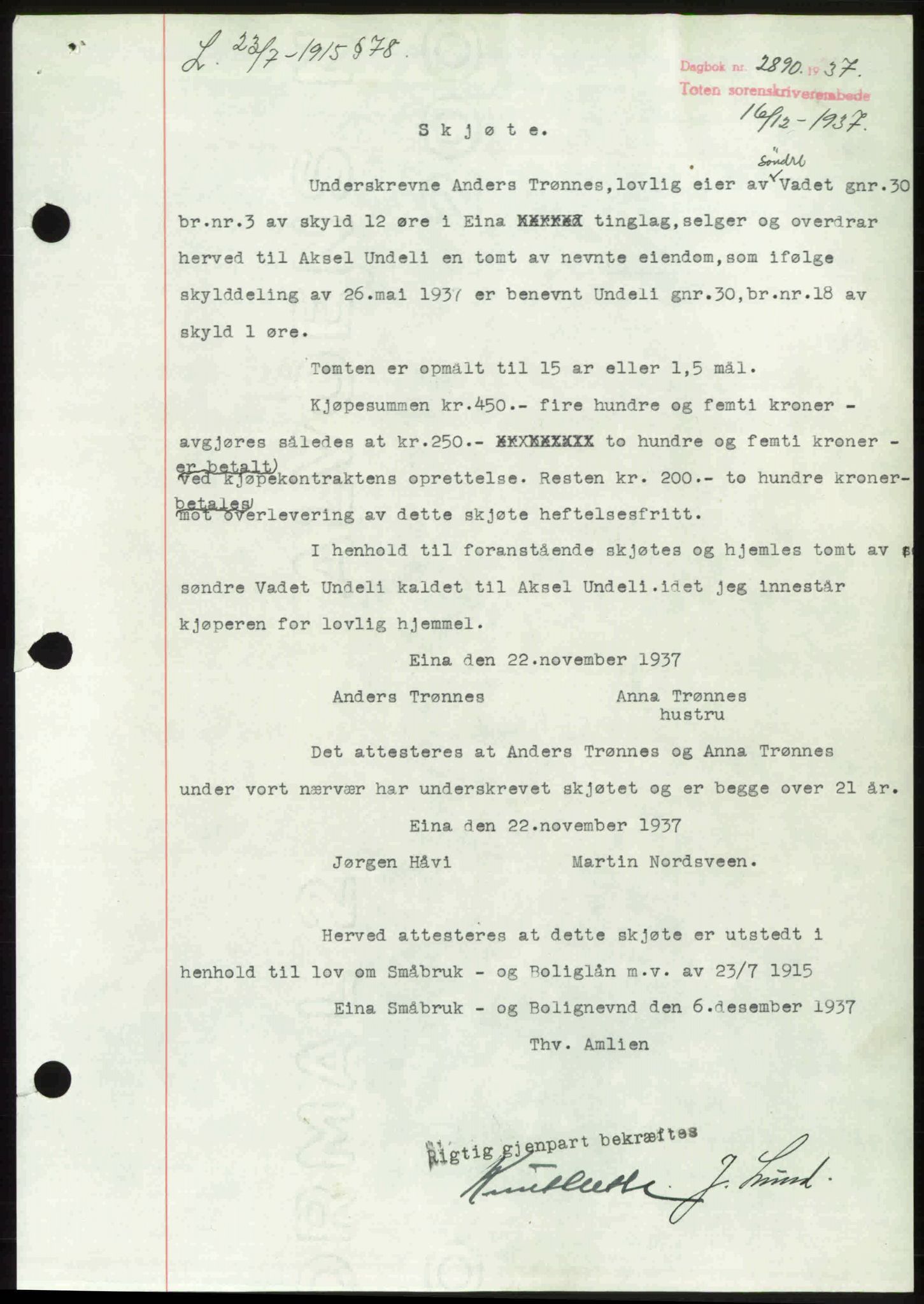 Toten tingrett, SAH/TING-006/H/Hb/Hbc/L0003: Mortgage book no. Hbc-03, 1937-1938, Diary no: : 2890/1937