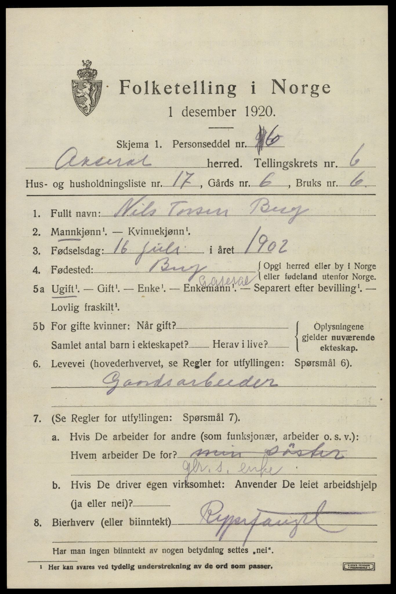 SAK, 1920 census for Åseral, 1920, p. 1988
