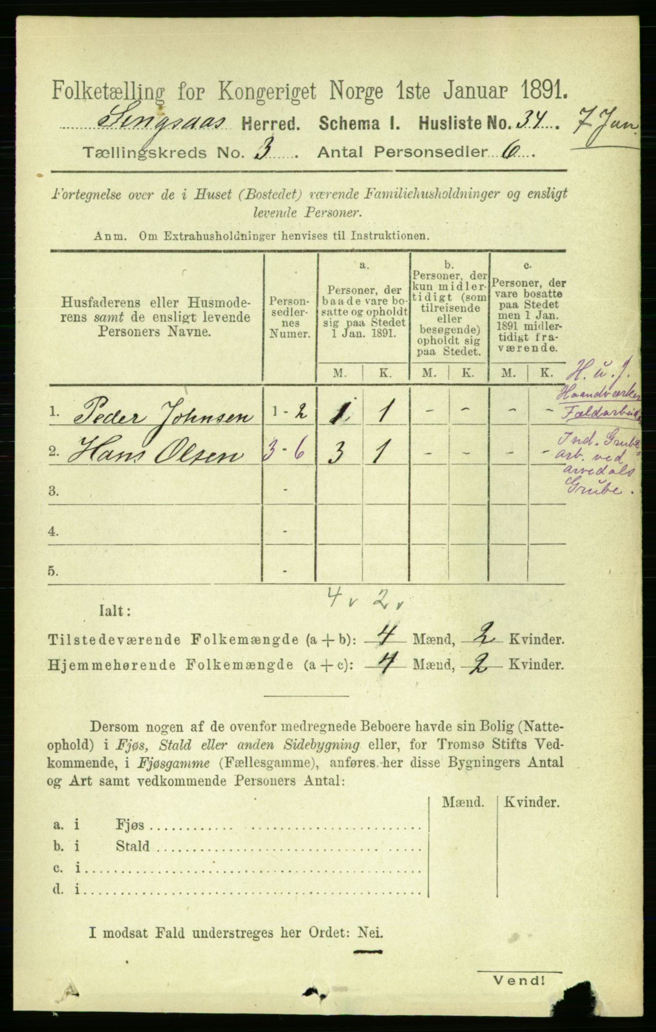 RA, 1891 census for 1646 Singsås, 1891, p. 535