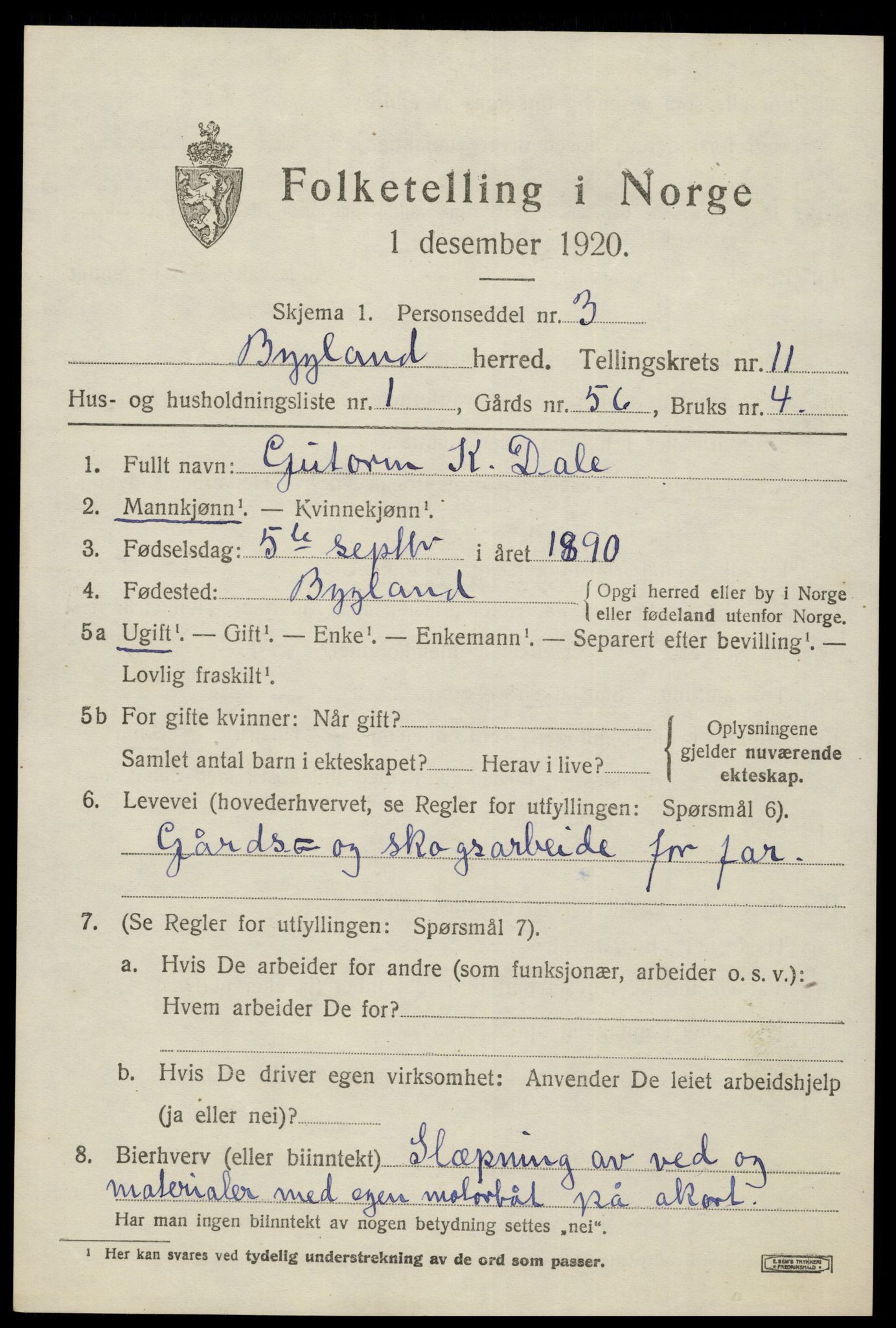 SAK, 1920 census for Bygland, 1920, p. 4129