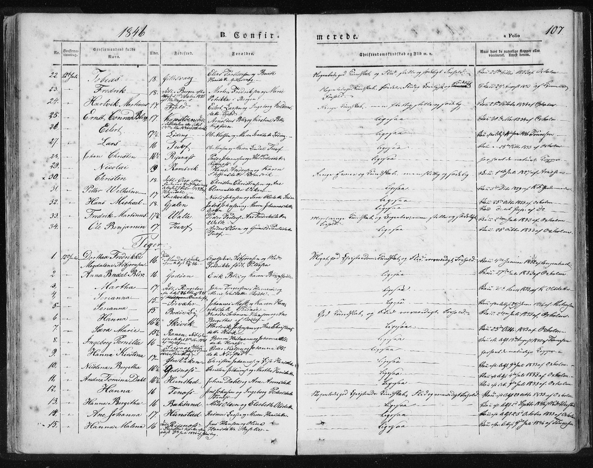 Ministerialprotokoller, klokkerbøker og fødselsregistre - Nordland, SAT/A-1459/801/L0007: Parish register (official) no. 801A07, 1845-1863, p. 107