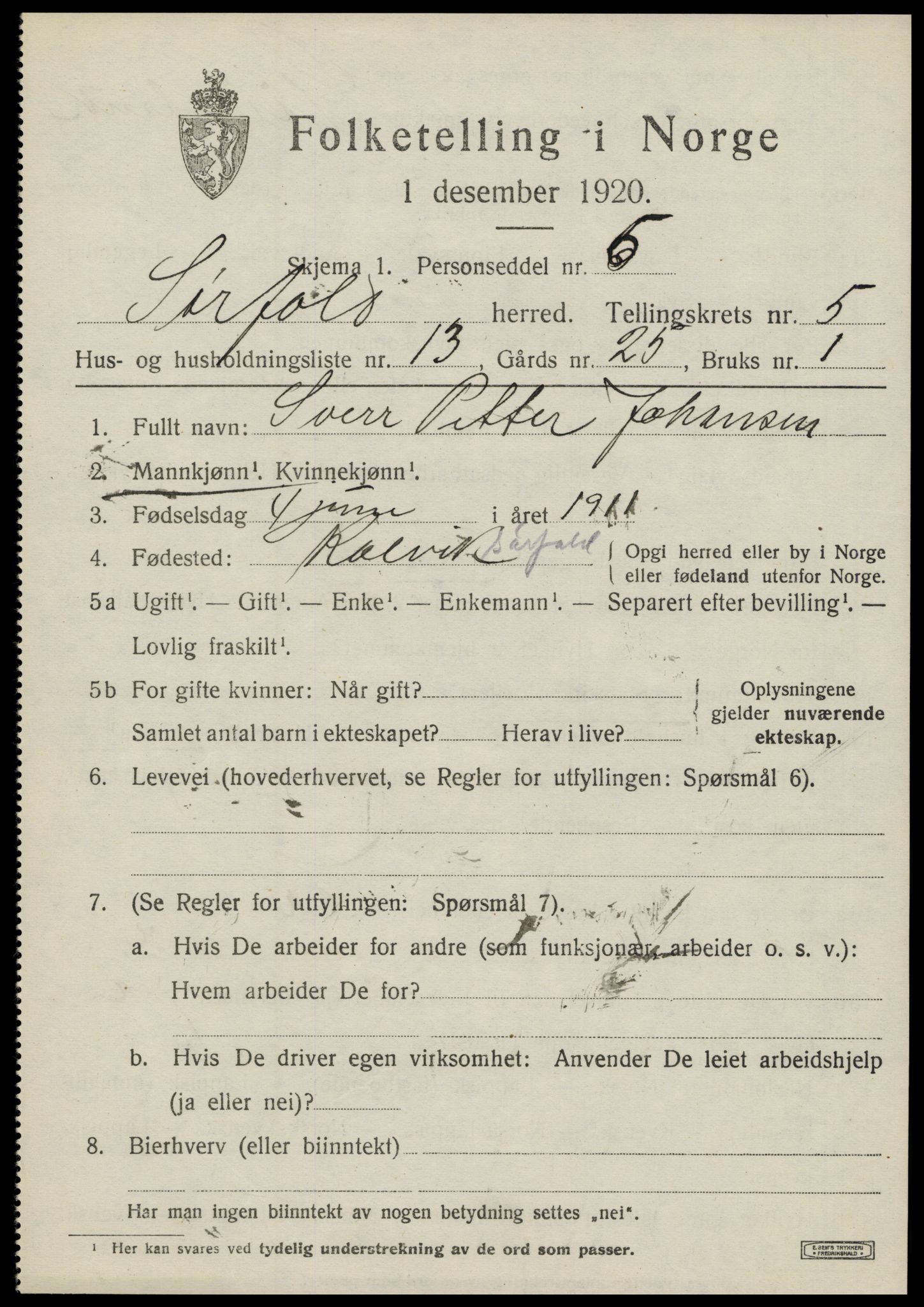 SAT, 1920 census for Sørfold, 1920, p. 3181