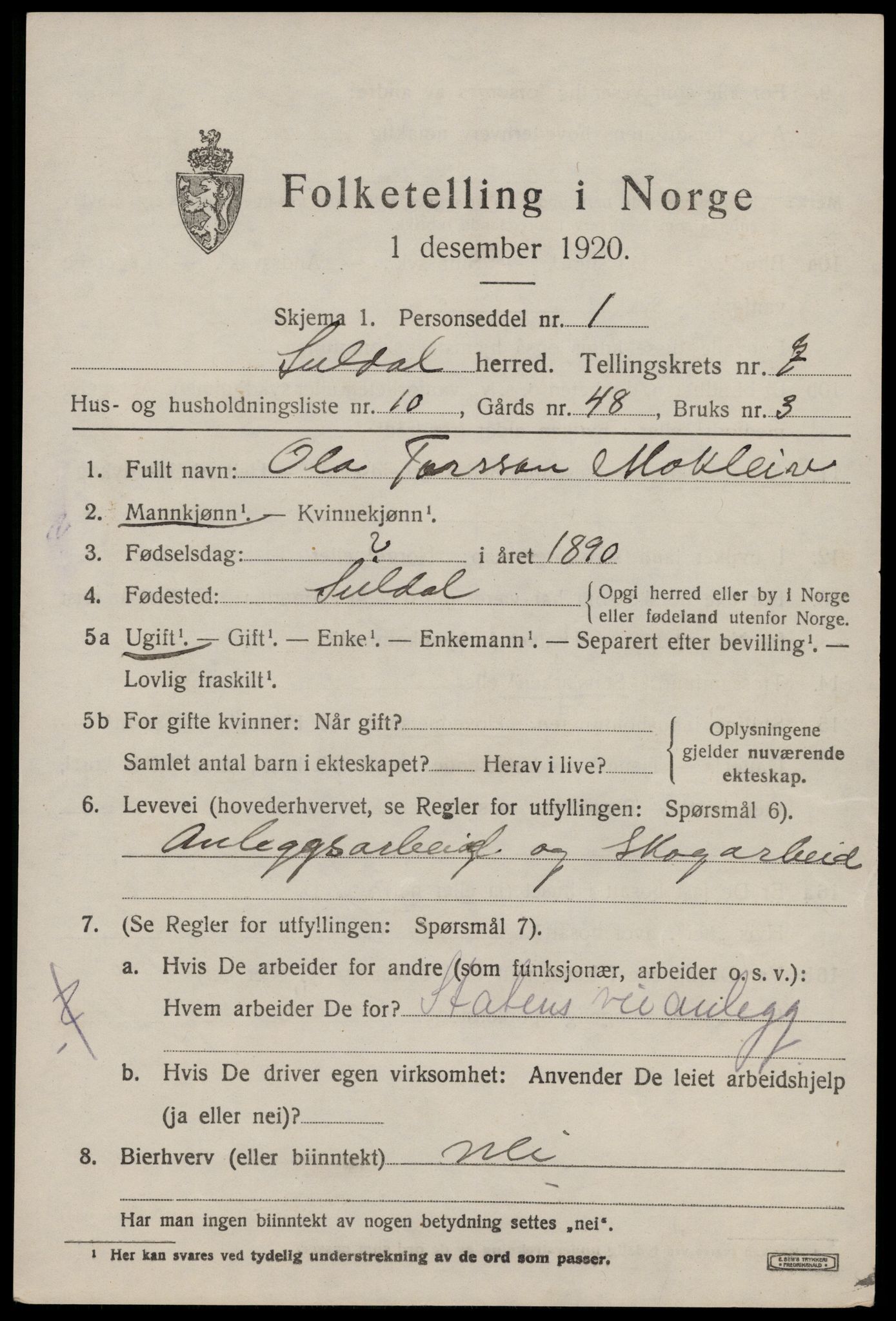 SAST, 1920 census for Suldal, 1920, p. 1844