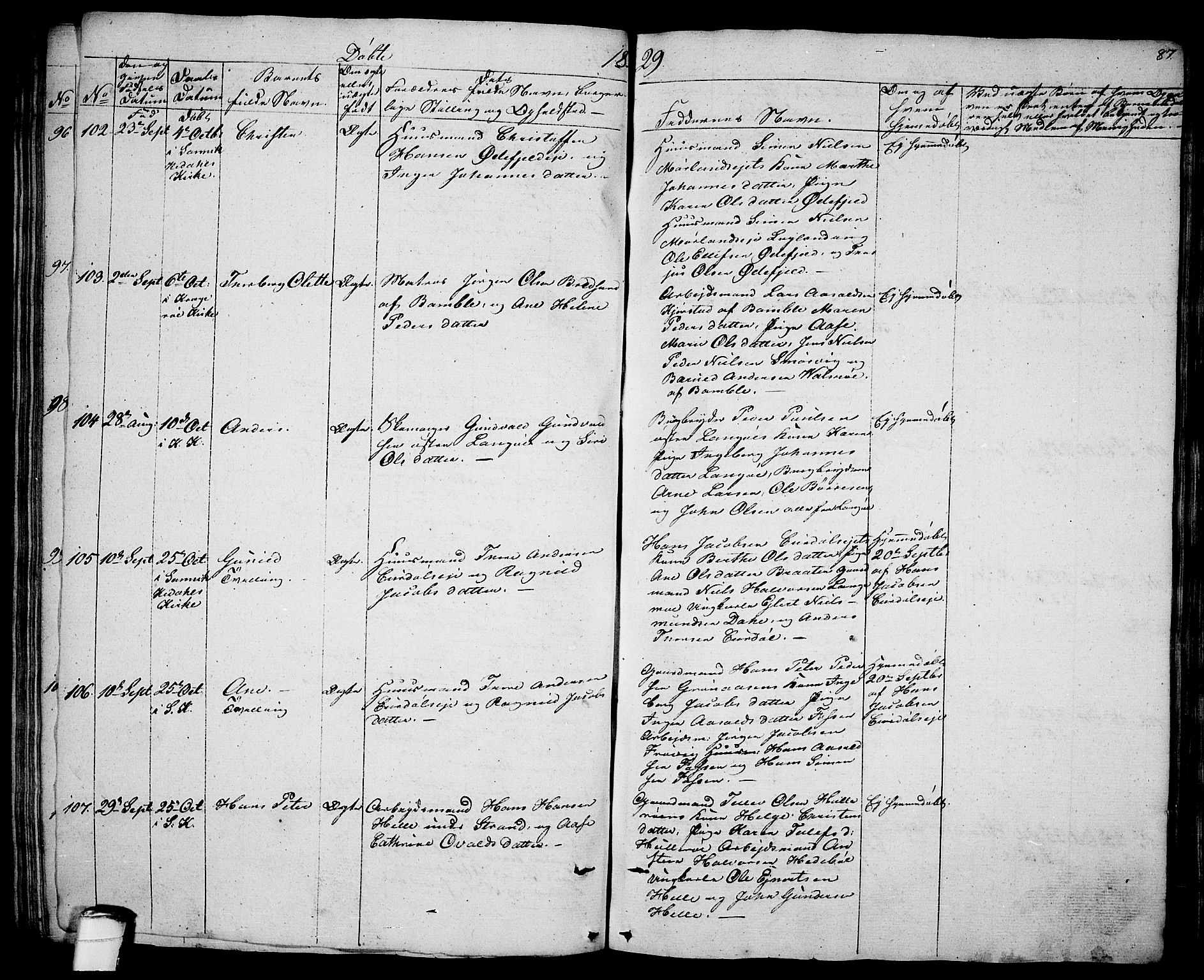 Sannidal kirkebøker, SAKO/A-296/F/Fa/L0005: Parish register (official) no. 5, 1823-1830, p. 87
