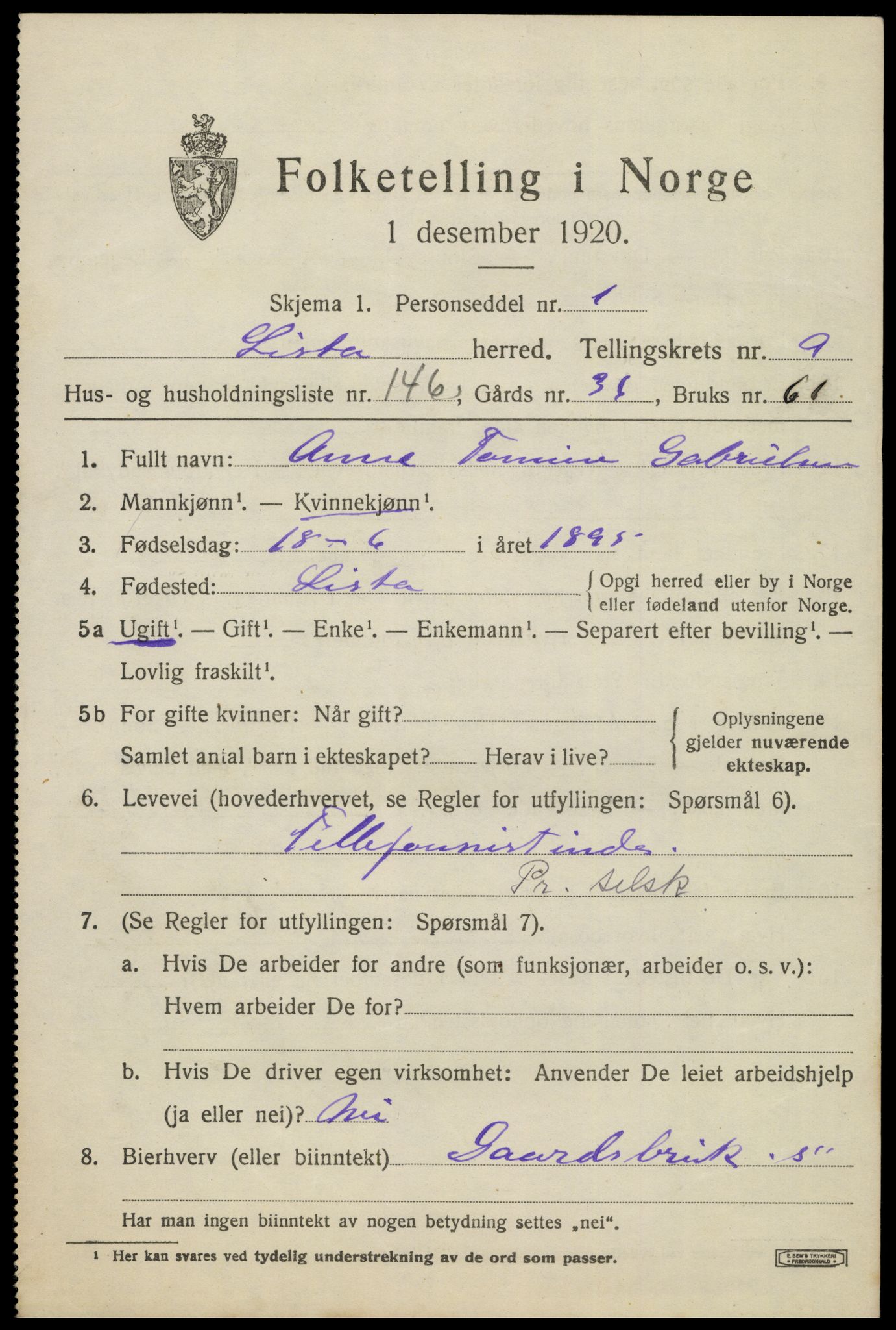 SAK, 1920 census for Lista, 1920, p. 10155