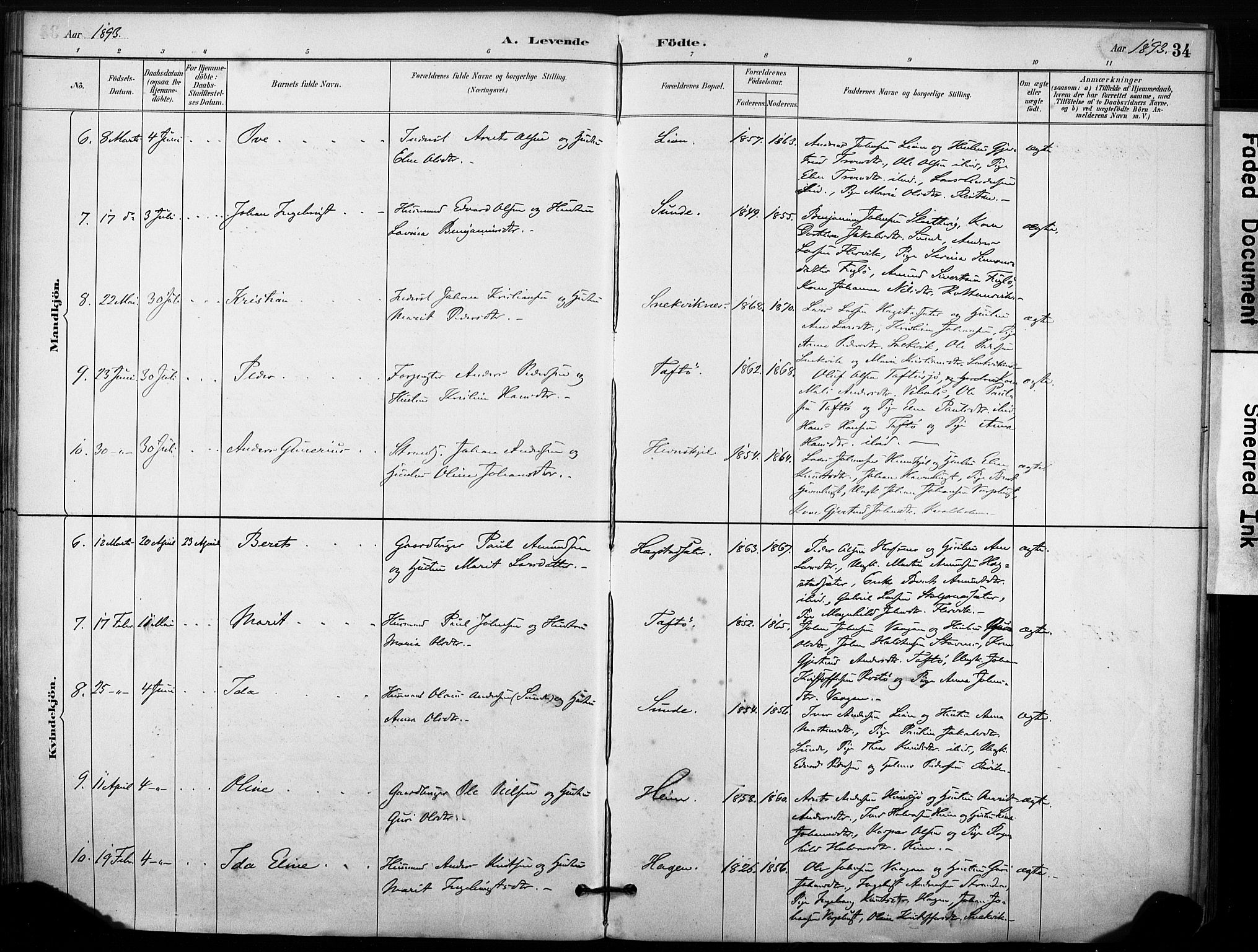 Ministerialprotokoller, klokkerbøker og fødselsregistre - Sør-Trøndelag, AV/SAT-A-1456/633/L0518: Parish register (official) no. 633A01, 1884-1906, p. 34