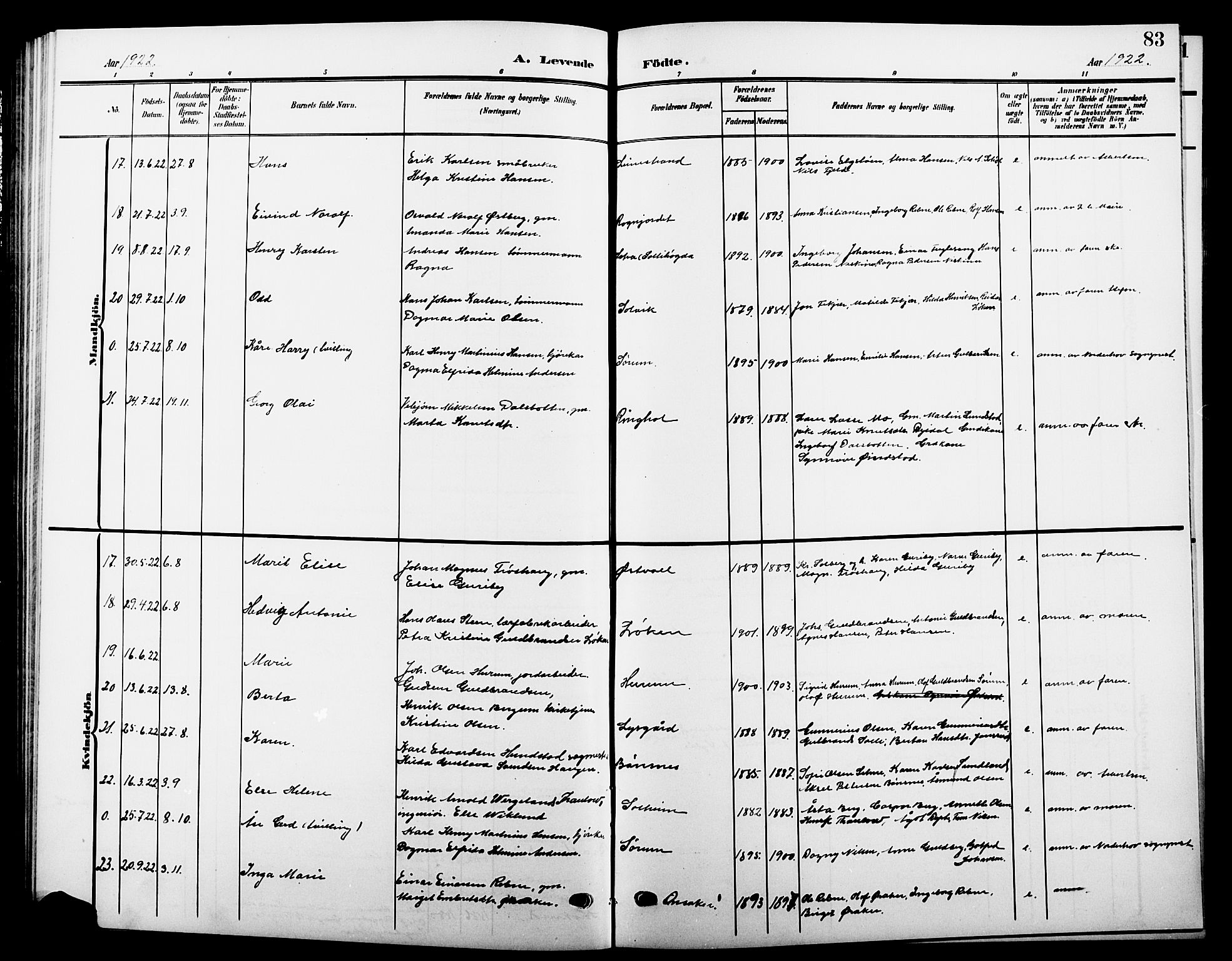 Hole kirkebøker, AV/SAKO-A-228/G/Ga/L0004: Parish register (copy) no. I 4, 1905-1924, p. 83