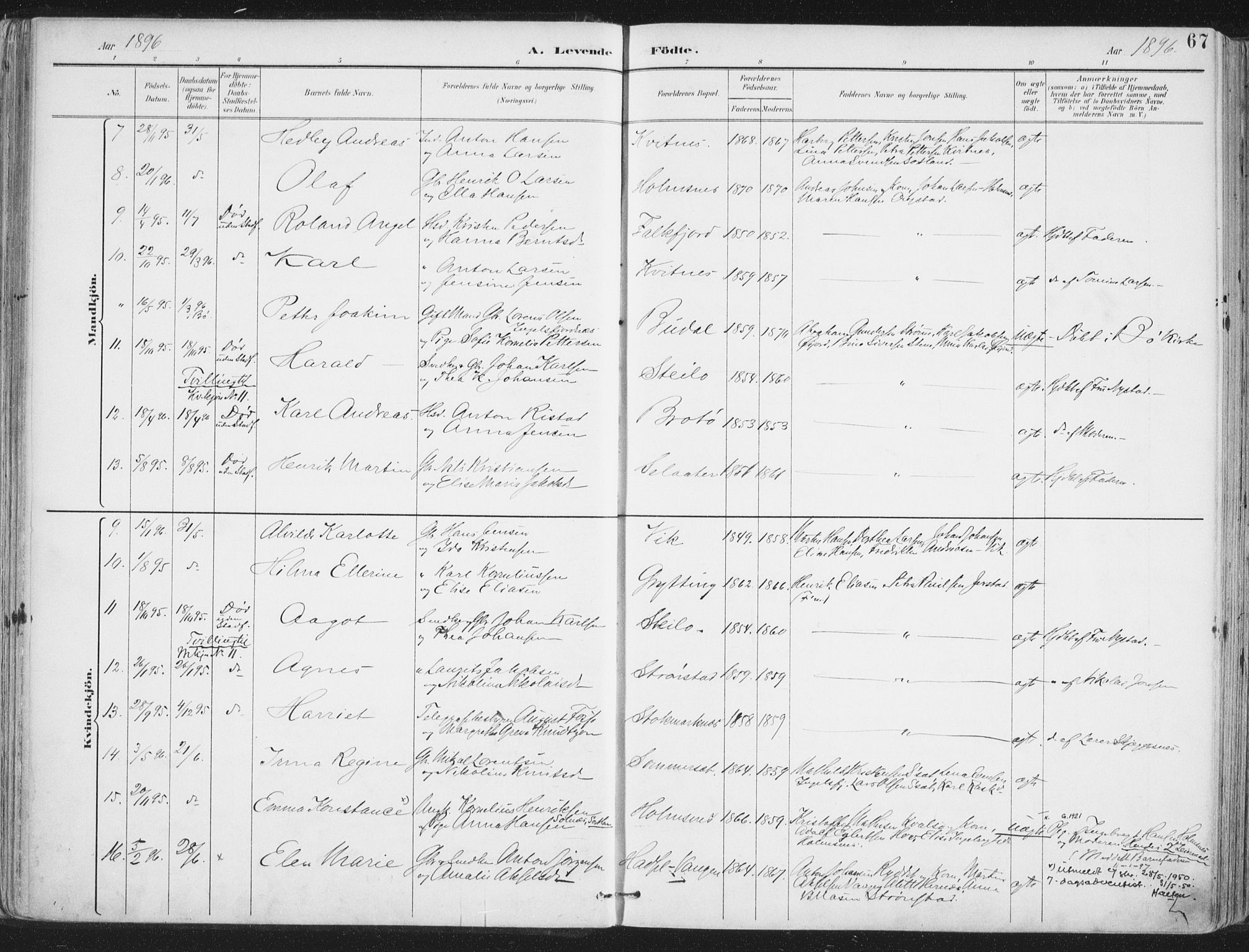 Ministerialprotokoller, klokkerbøker og fødselsregistre - Nordland, SAT/A-1459/888/L1246: Parish register (official) no. 888A12, 1891-1903, p. 67