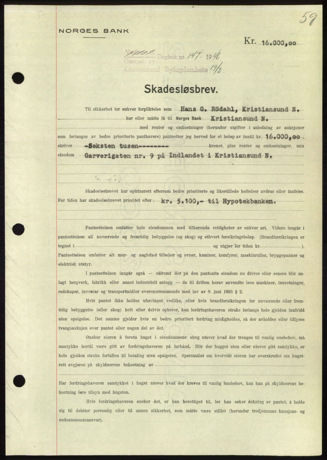 Kristiansund byfogd, AV/SAT-A-4587/A/27: Mortgage book no. 40, 1946-1946, Diary no: : 147/1946