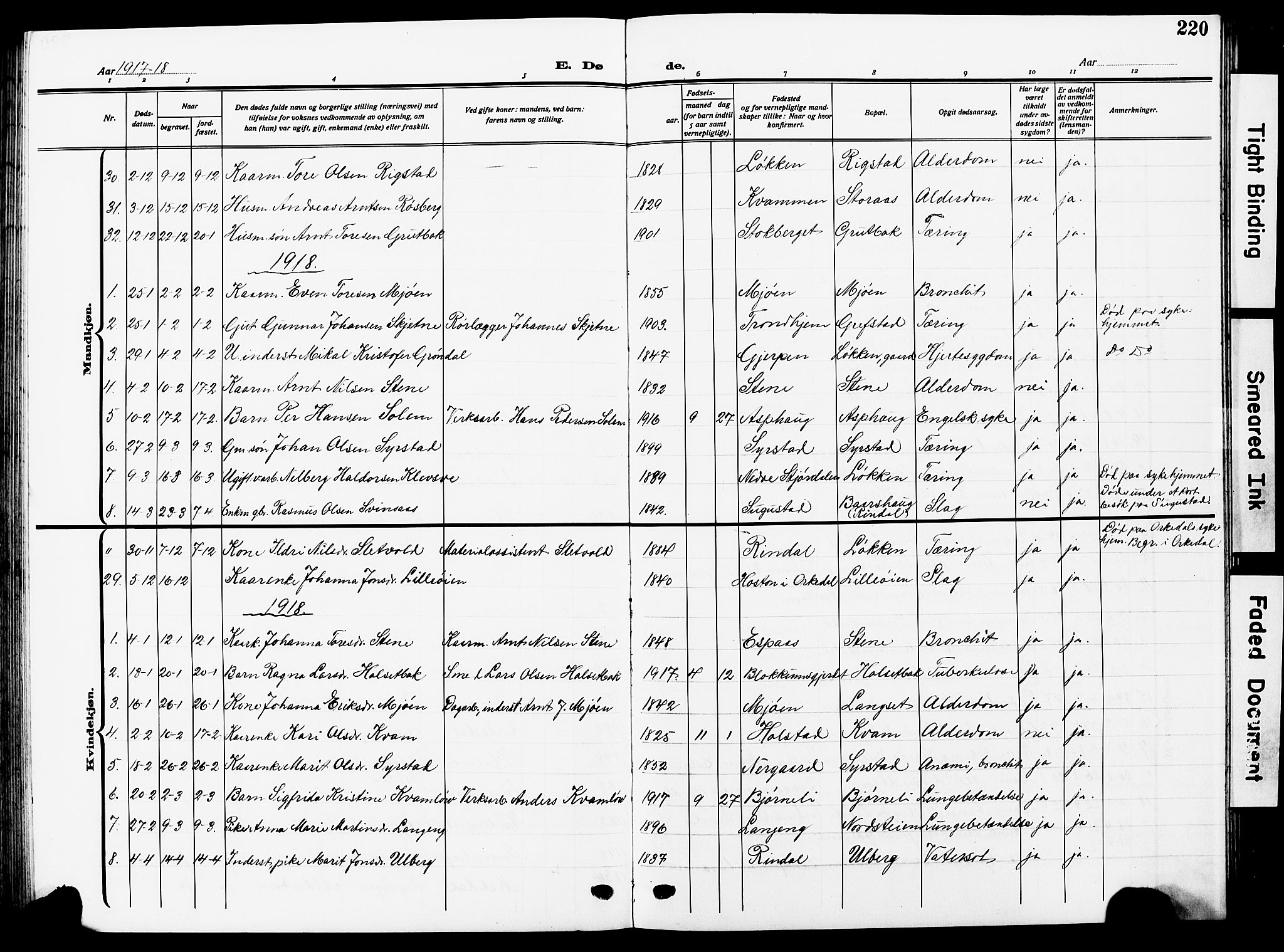 Ministerialprotokoller, klokkerbøker og fødselsregistre - Sør-Trøndelag, SAT/A-1456/672/L0865: Parish register (copy) no. 672C04, 1914-1928, p. 220