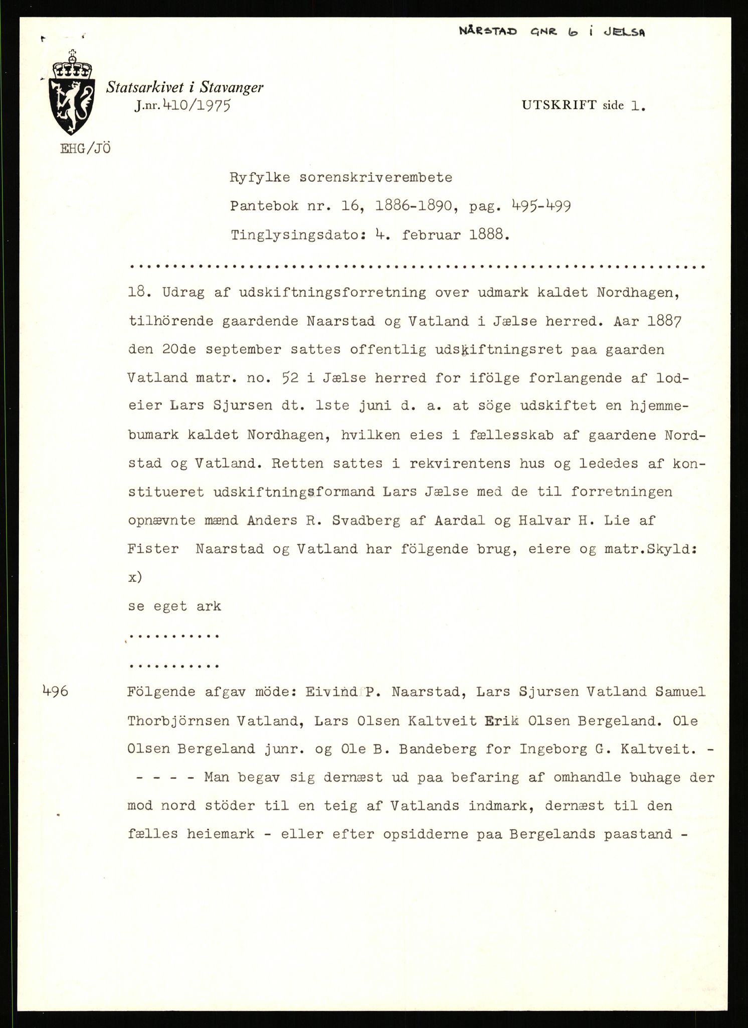 Statsarkivet i Stavanger, SAST/A-101971/03/Y/Yj/L0064: Avskrifter sortert etter gårdsnavn: Noreim - Odland i Bjerkreim, 1750-1930, p. 599