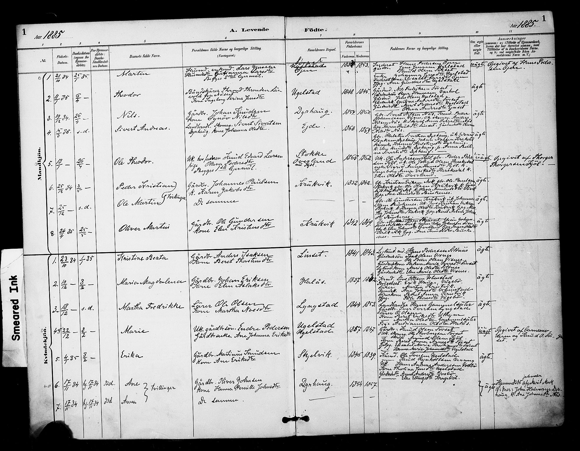 Ministerialprotokoller, klokkerbøker og fødselsregistre - Møre og Romsdal, SAT/A-1454/571/L0836: Parish register (official) no. 571A01, 1884-1899, p. 1