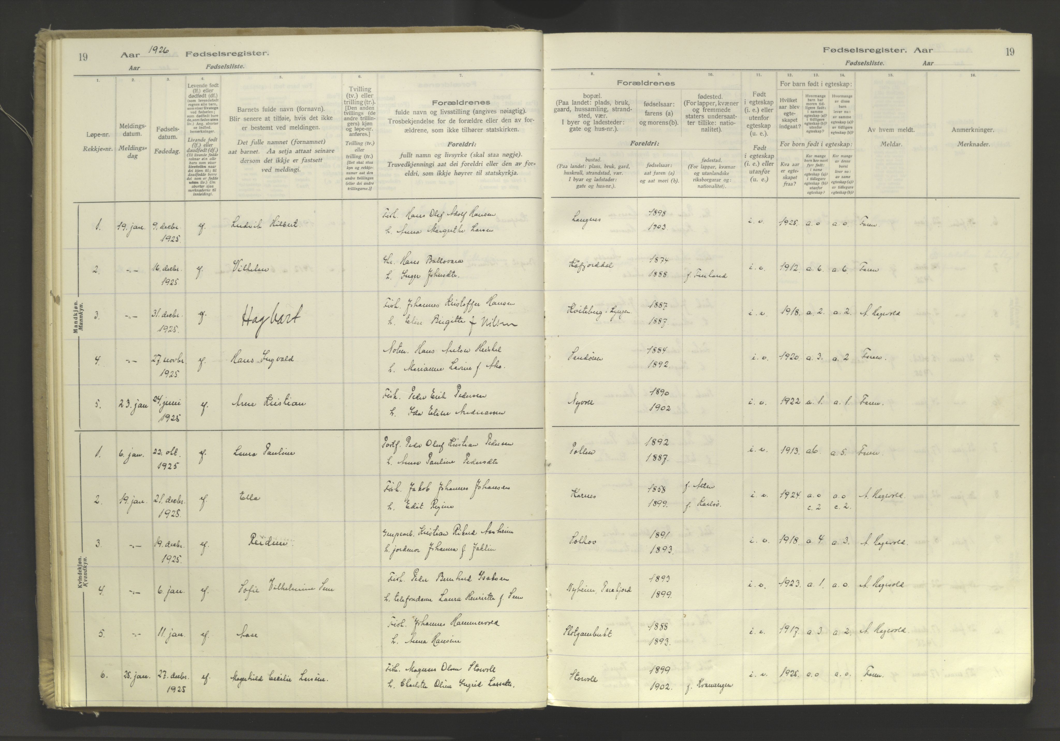 Lyngen sokneprestembete, AV/SATØ-S-1289/I/Ia/L0076: Birth register no. 76, 1924-1945, p. 19