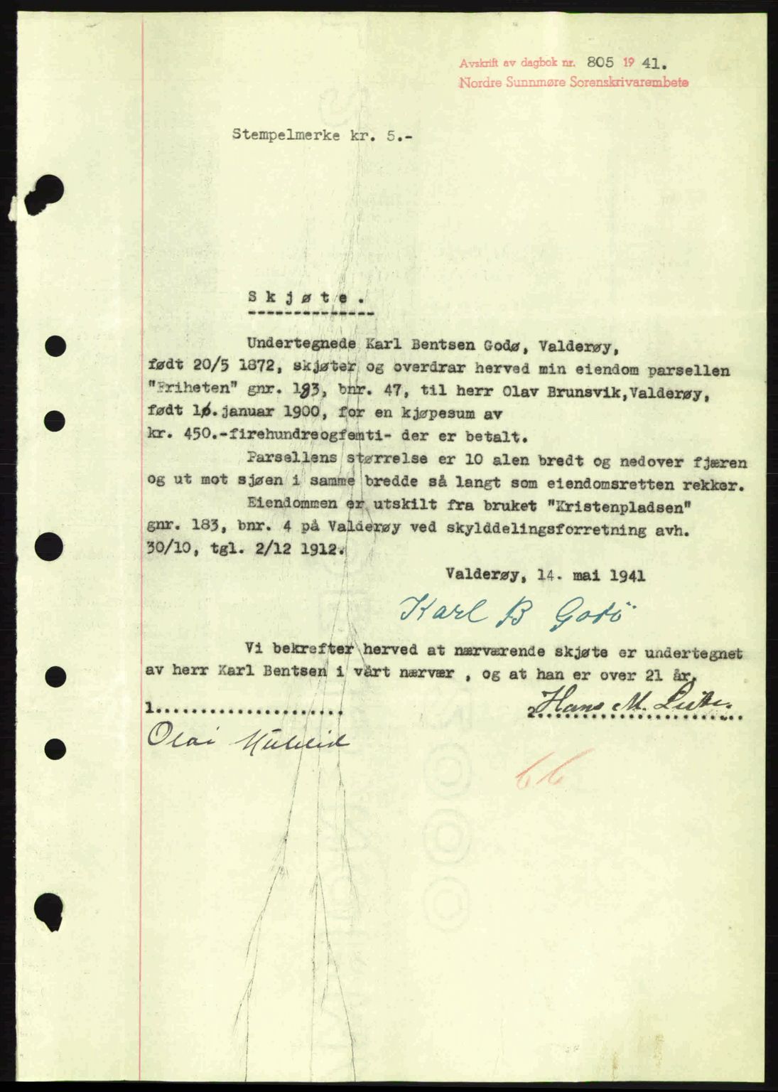 Nordre Sunnmøre sorenskriveri, AV/SAT-A-0006/1/2/2C/2Ca: Mortgage book no. A11, 1941-1941, Diary no: : 805/1941