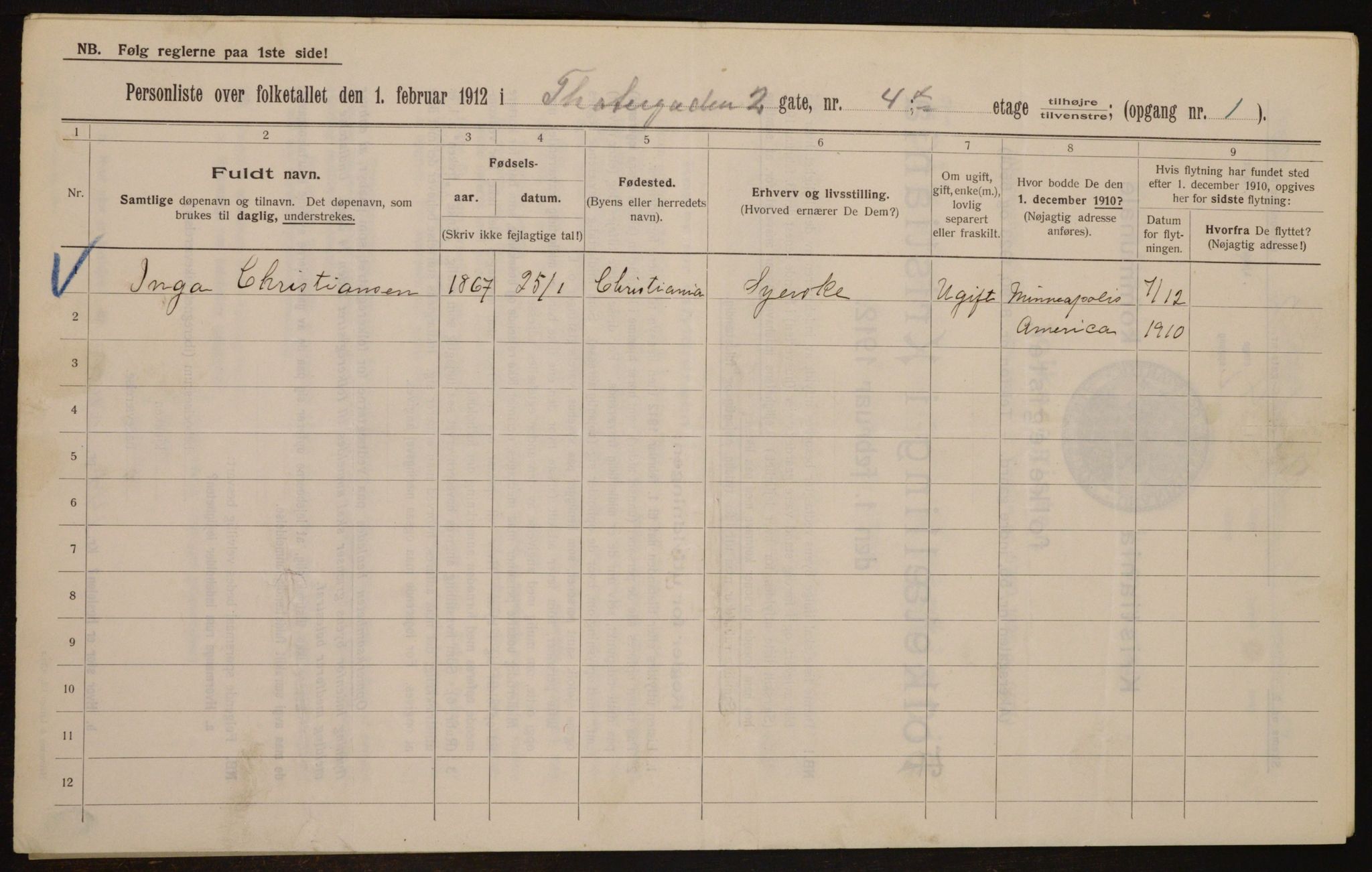 OBA, Municipal Census 1912 for Kristiania, 1912, p. 107116