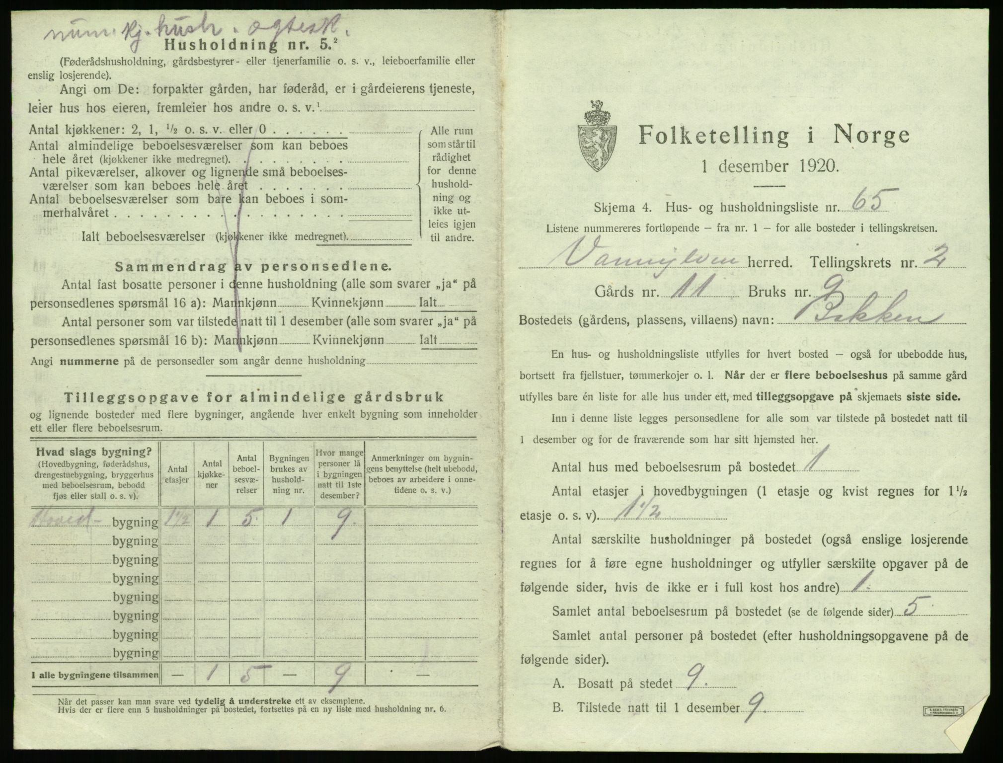 SAT, 1920 census for Vanylven, 1920, p. 223