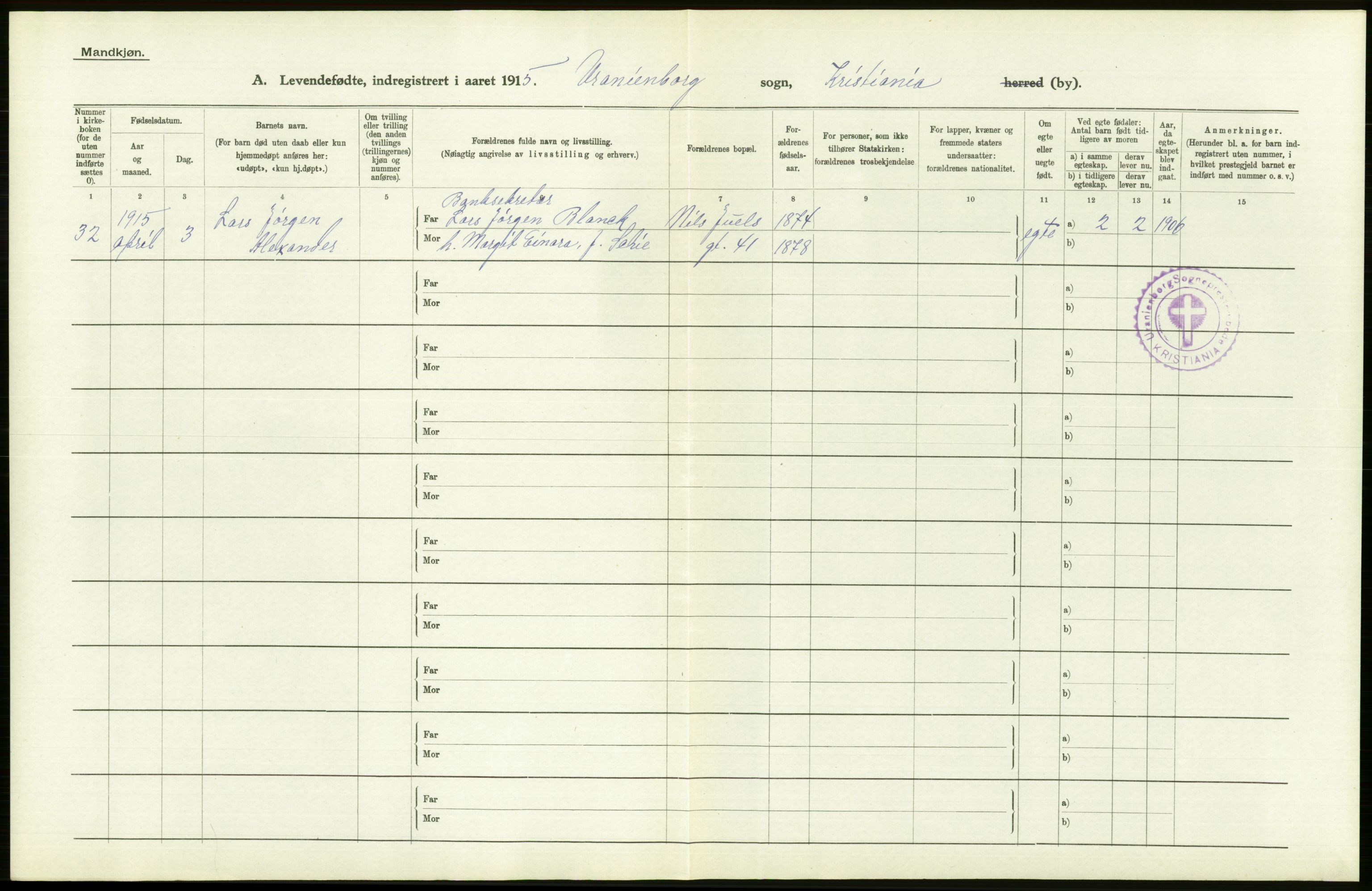 Statistisk sentralbyrå, Sosiodemografiske emner, Befolkning, AV/RA-S-2228/D/Df/Dfb/Dfbe/L0007: Kristiania: Levendefødte menn og kvinner., 1915, p. 516