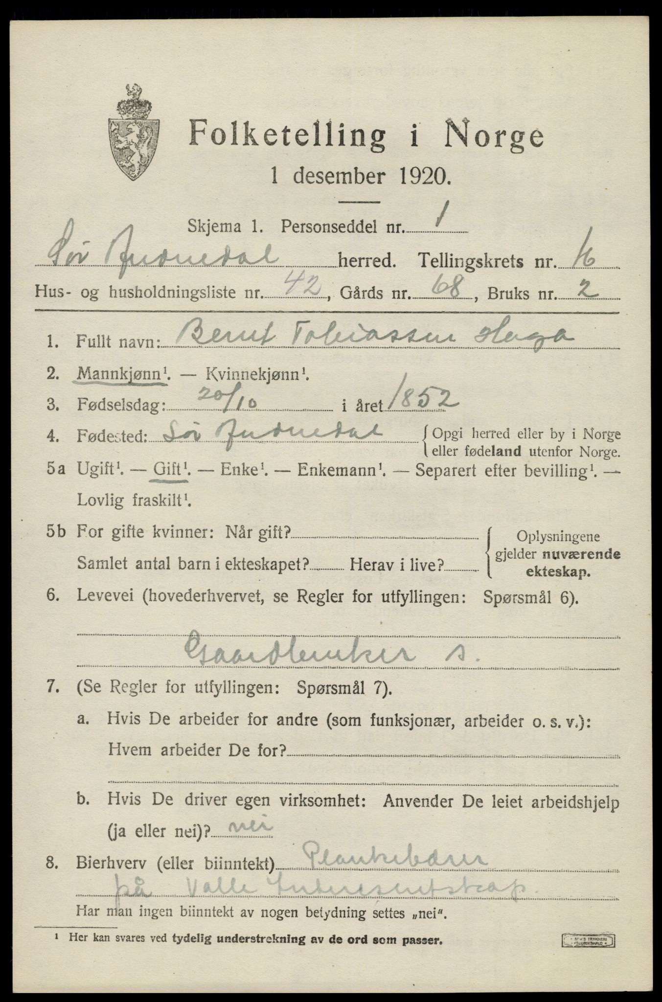 SAK, 1920 census for Sør-Audnedal, 1920, p. 6251