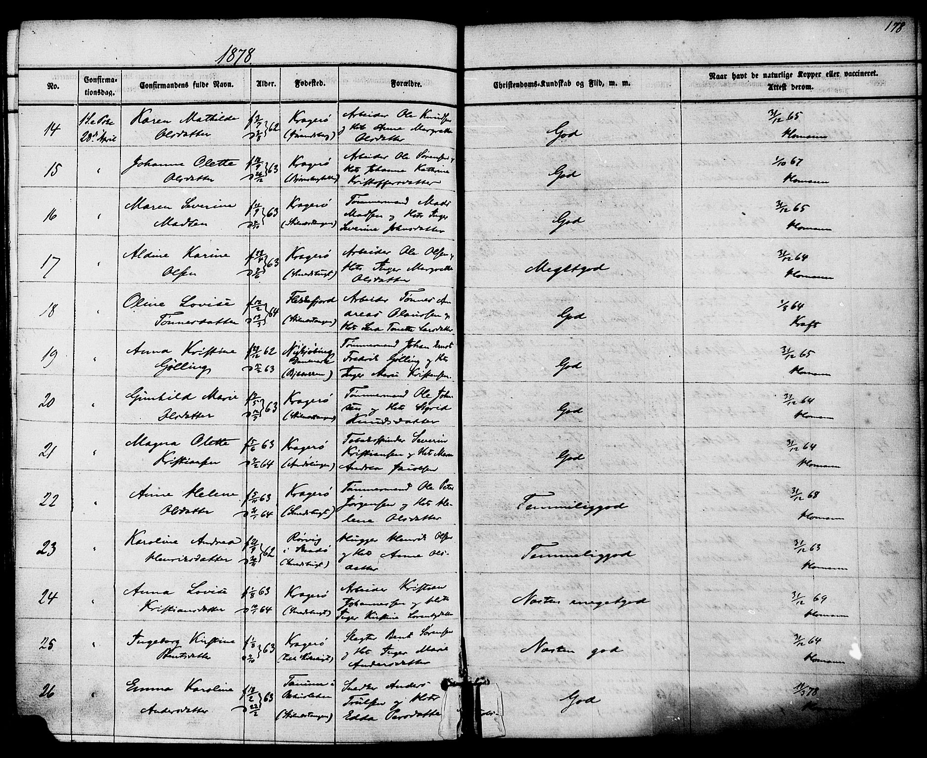 Kragerø kirkebøker, AV/SAKO-A-278/F/Fa/L0008: Parish register (official) no. 8, 1856-1880, p. 178