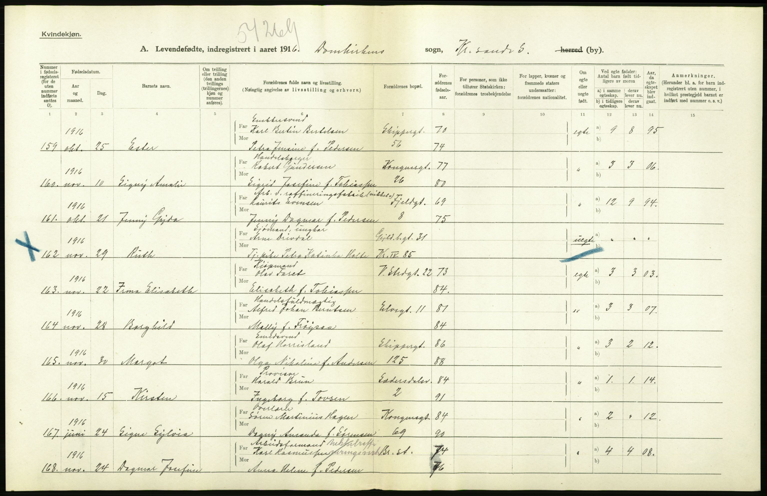 Statistisk sentralbyrå, Sosiodemografiske emner, Befolkning, AV/RA-S-2228/D/Df/Dfb/Dfbf/L0027: Lister og Mandals amt: Levendefødte menn og kvinner. Bygder og byer., 1916, p. 390