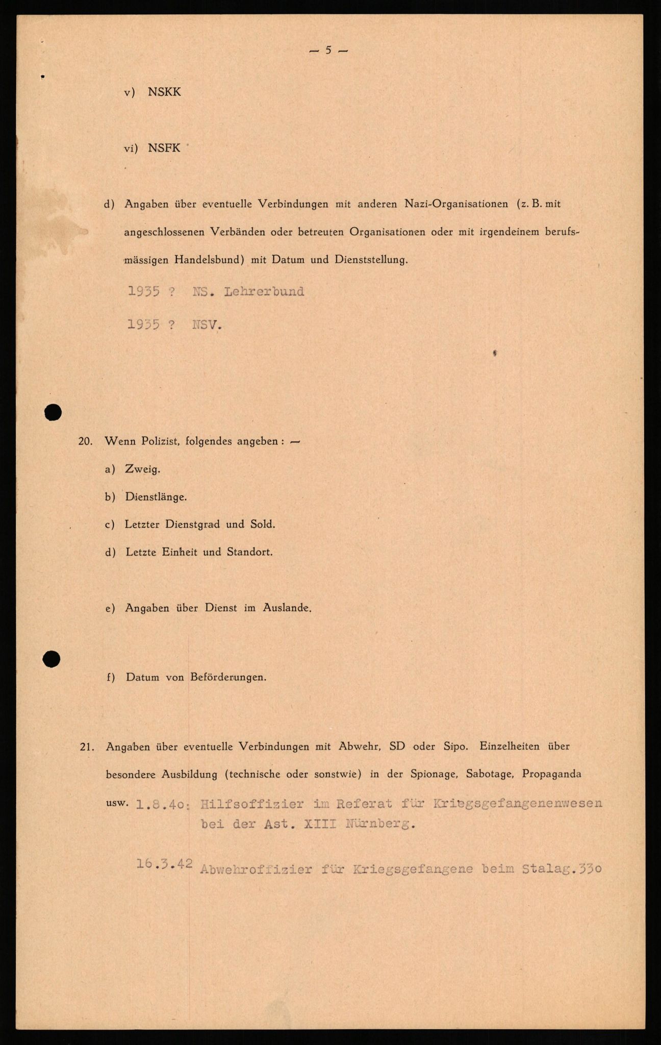 Forsvaret, Forsvarets overkommando II, RA/RAFA-3915/D/Db/L0021: CI Questionaires. Tyske okkupasjonsstyrker i Norge. Tyskere., 1945-1946, p. 237