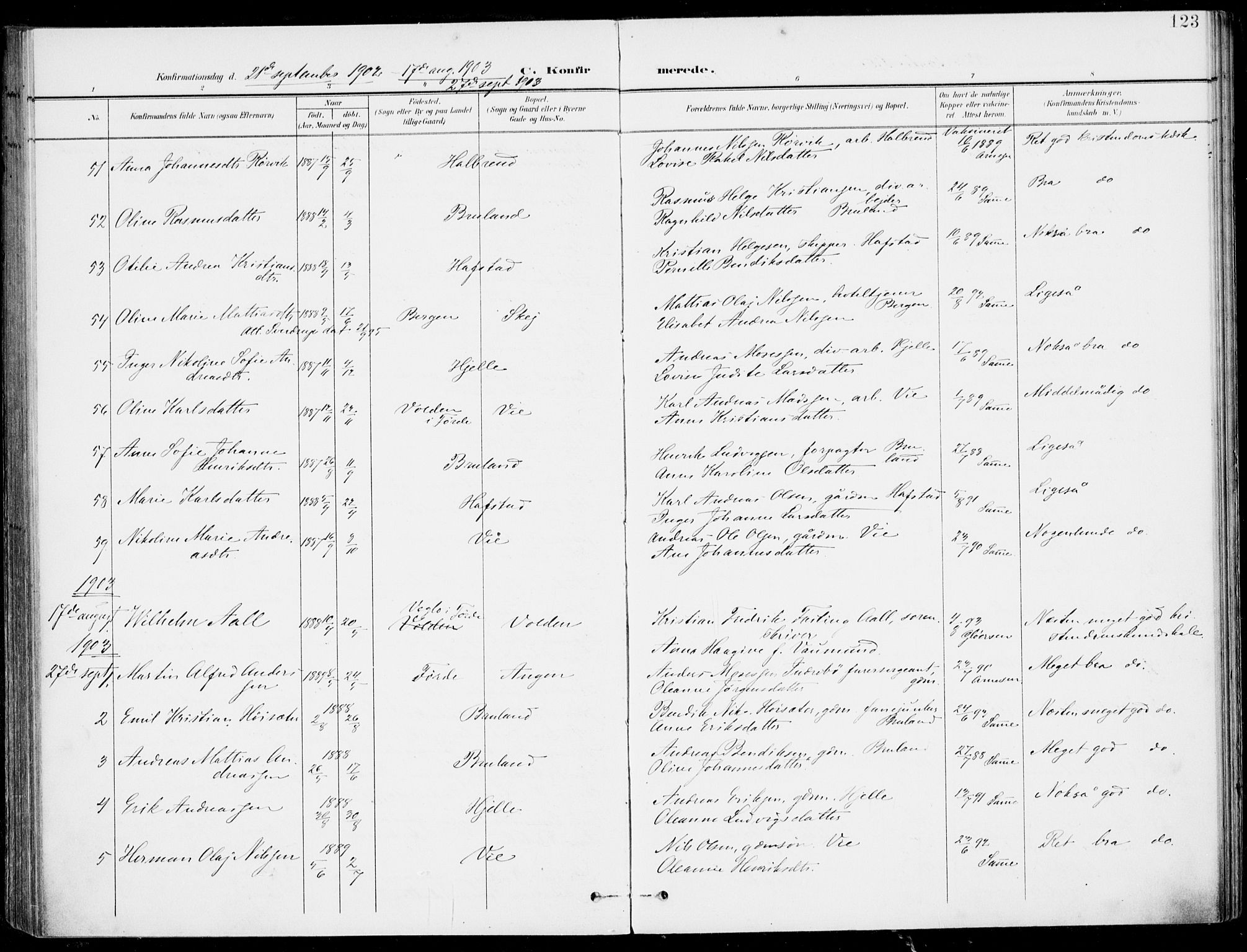 Førde sokneprestembete, SAB/A-79901/H/Haa/Haab/L0002: Parish register (official) no. B  2, 1899-1920, p. 123