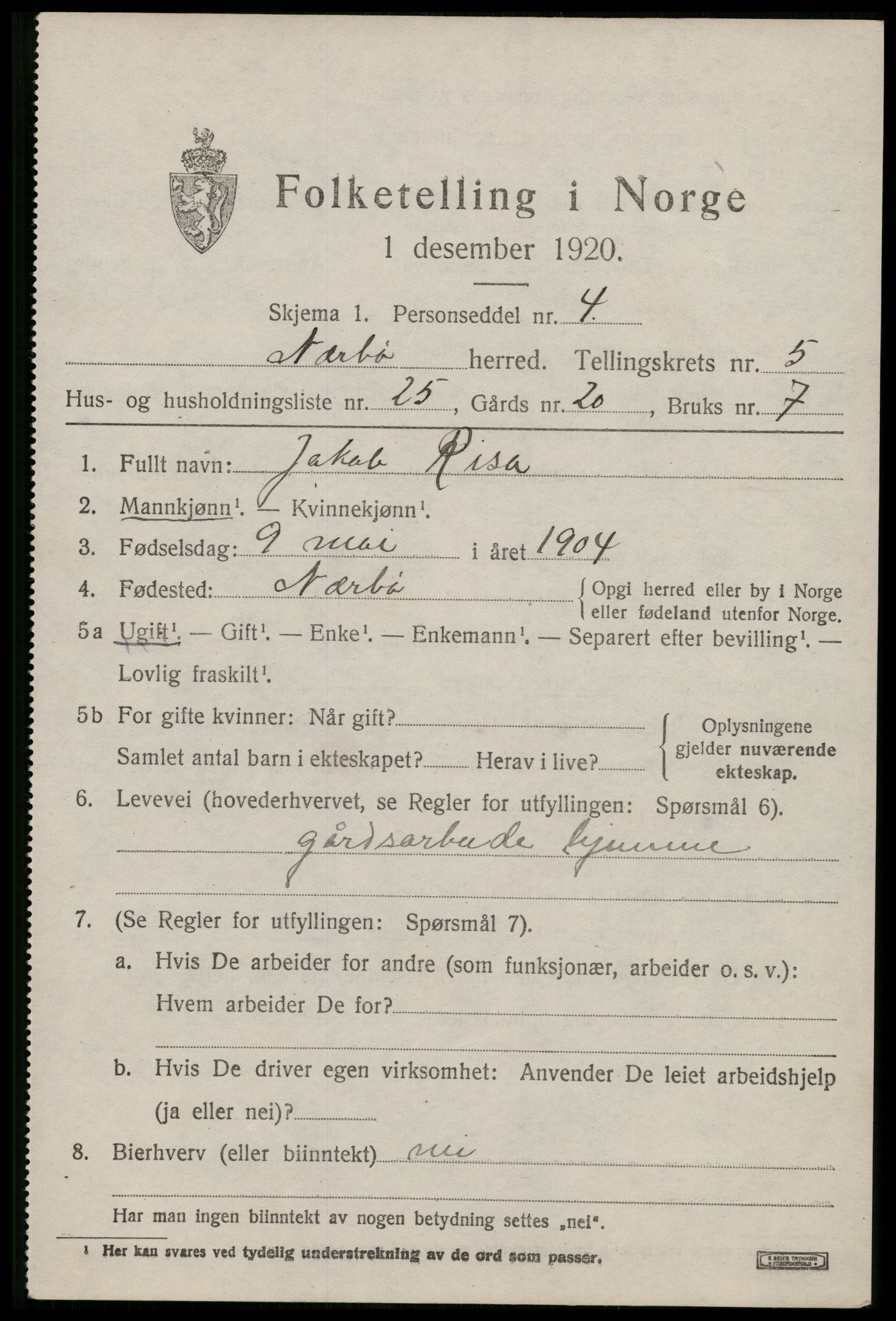 SAST, 1920 census for Nærbø, 1920, p. 3607