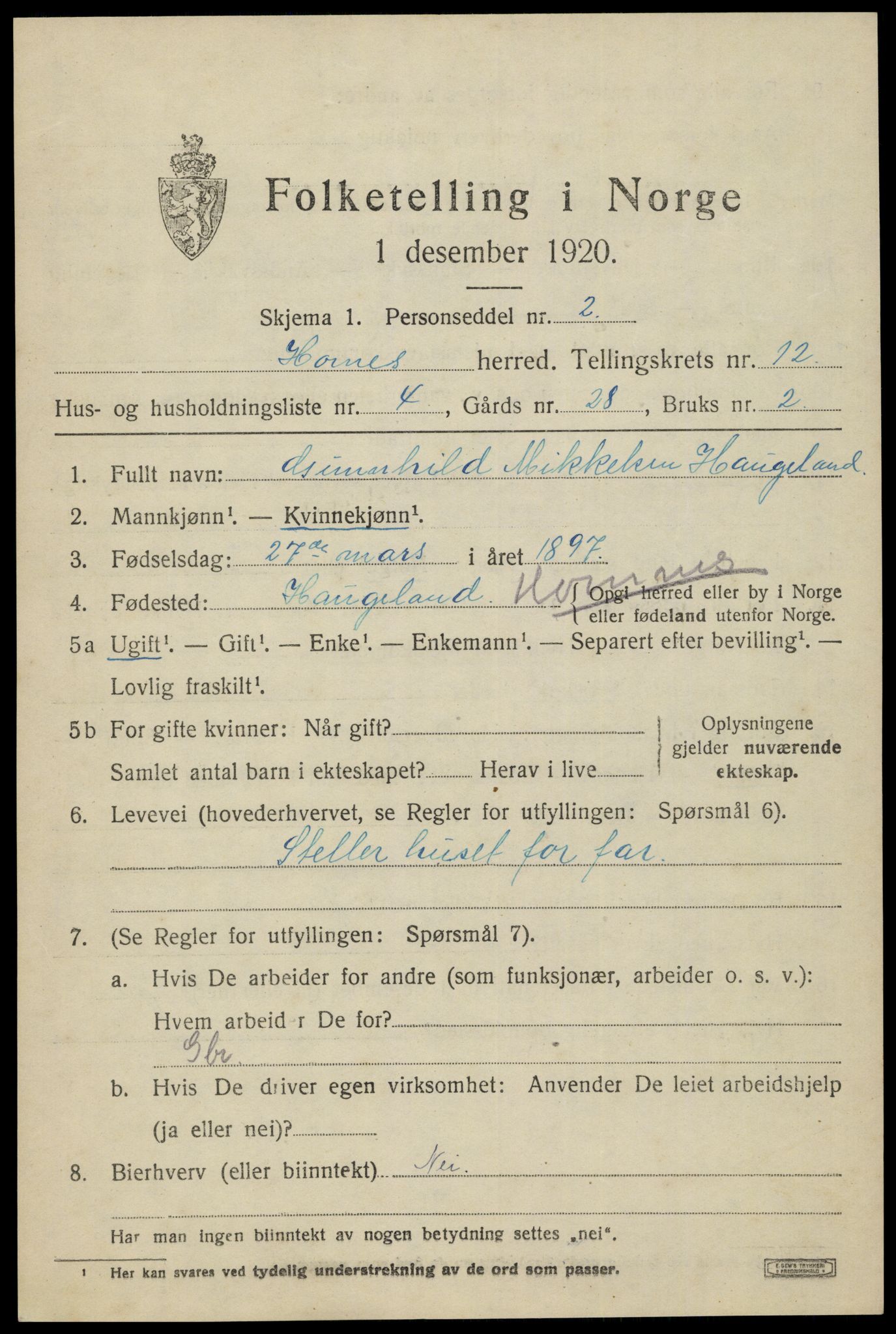 SAK, 1920 census for Hornnes, 1920, p. 2909