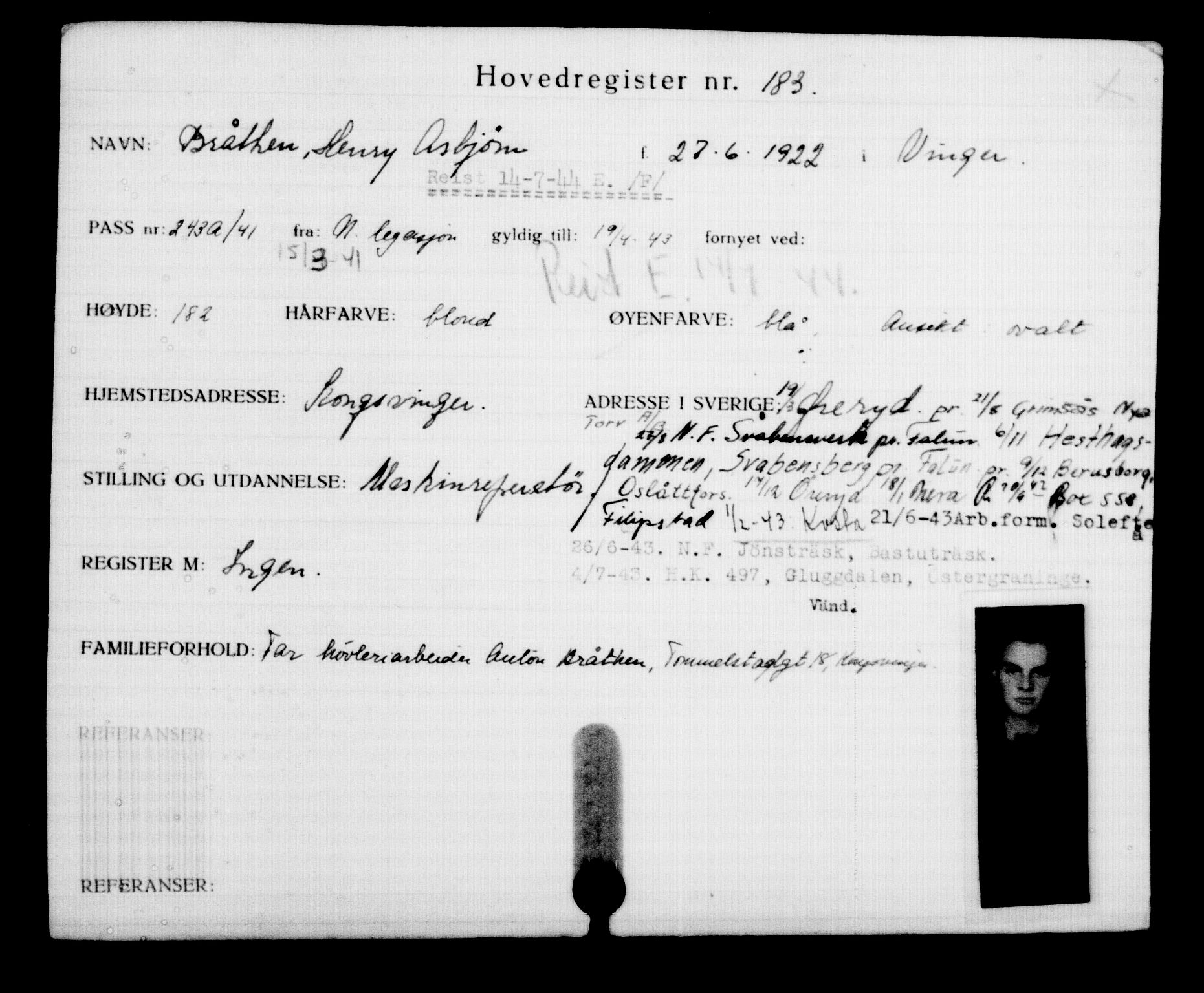 Utenriksstasjonene, Legasjonen i Stockholm, Flyktningkontoret, AV/RA-S-6753/V/Va/L0001: Kjesäterkartoteket, flyktninger med registreringsnr. 1-1000, 1940-1945, p. 293