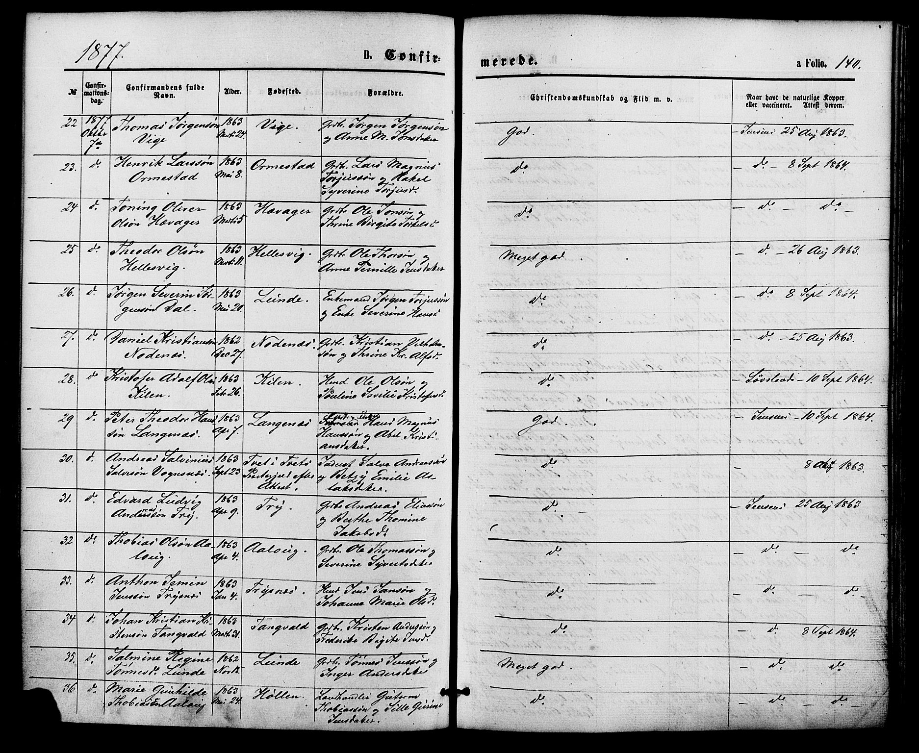 Søgne sokneprestkontor, SAK/1111-0037/F/Fa/Fab/L0011: Parish register (official) no. A 11, 1869-1879, p. 140