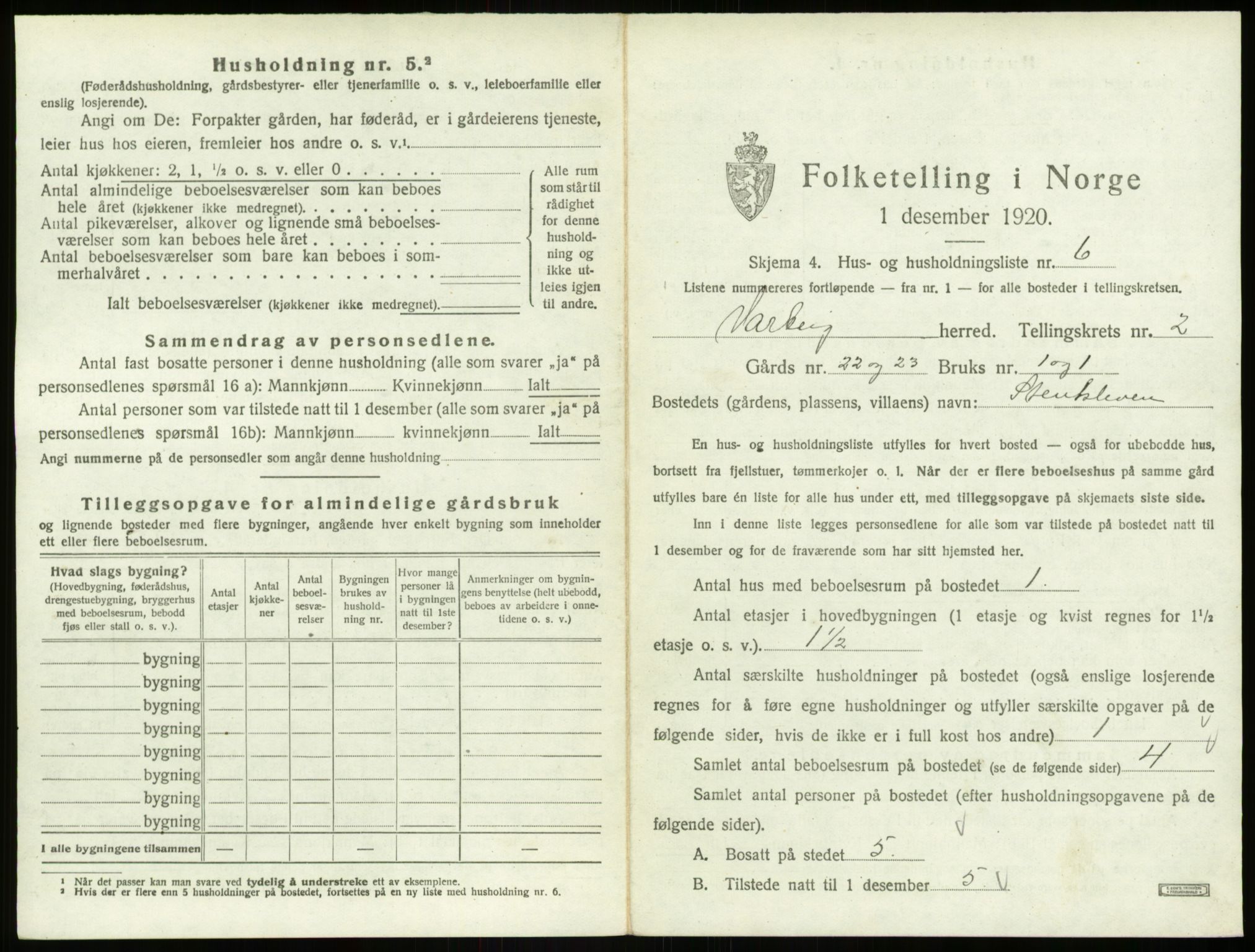 SAO, 1920 census for Varteig, 1920, p. 154