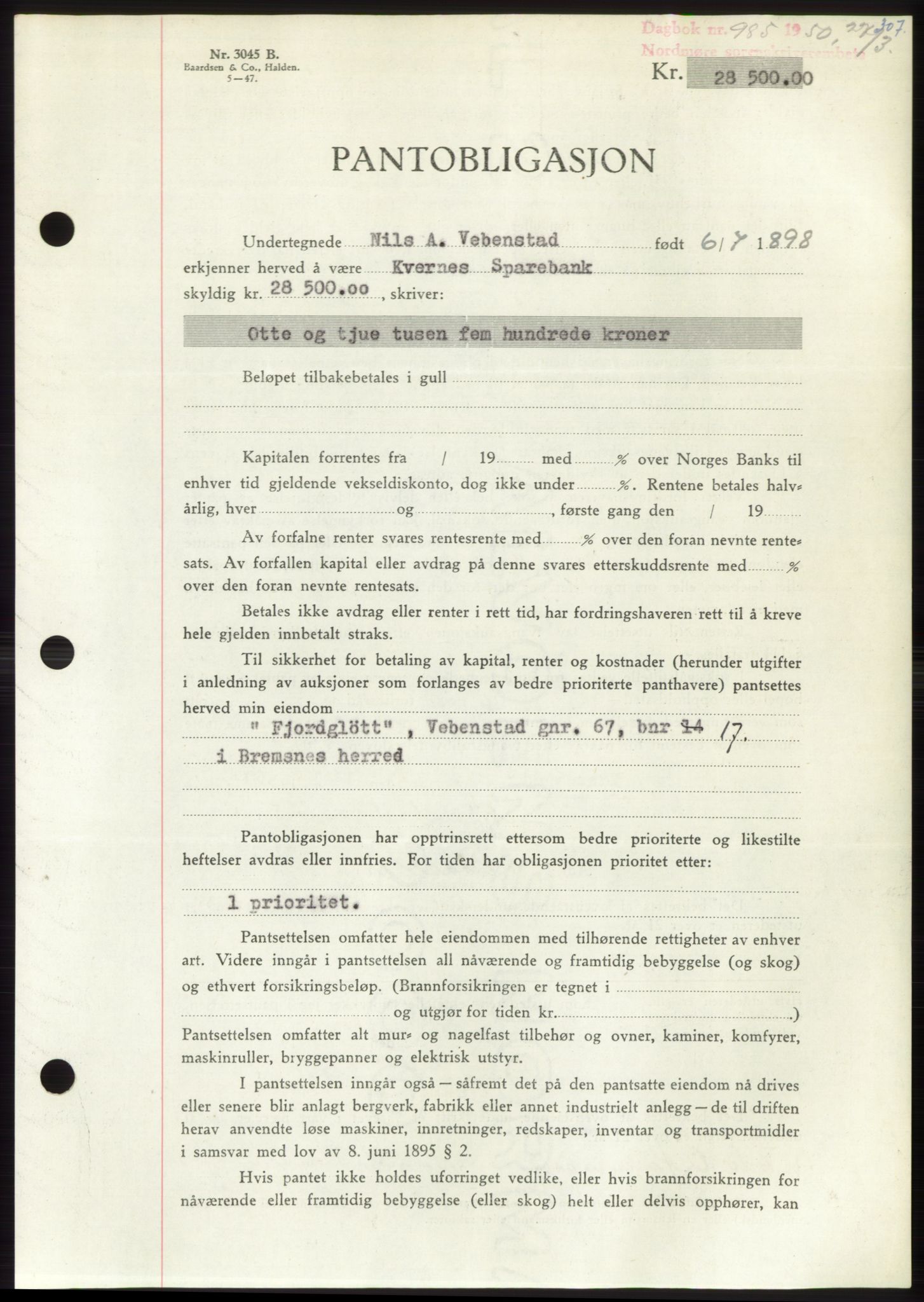 Nordmøre sorenskriveri, AV/SAT-A-4132/1/2/2Ca: Mortgage book no. B104, 1950-1950, Diary no: : 985/1950