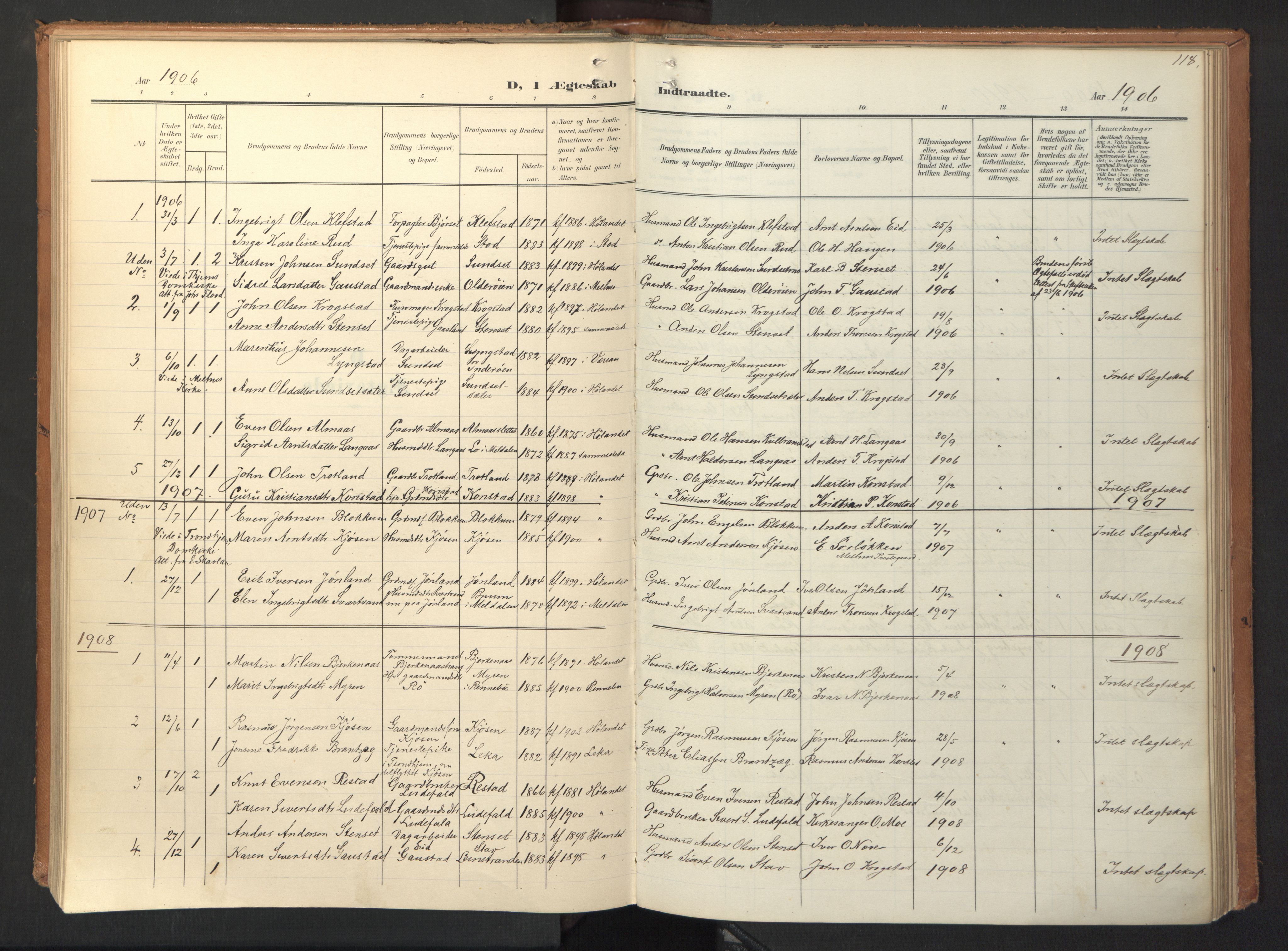 Ministerialprotokoller, klokkerbøker og fødselsregistre - Sør-Trøndelag, AV/SAT-A-1456/694/L1128: Parish register (official) no. 694A02, 1906-1931, p. 118