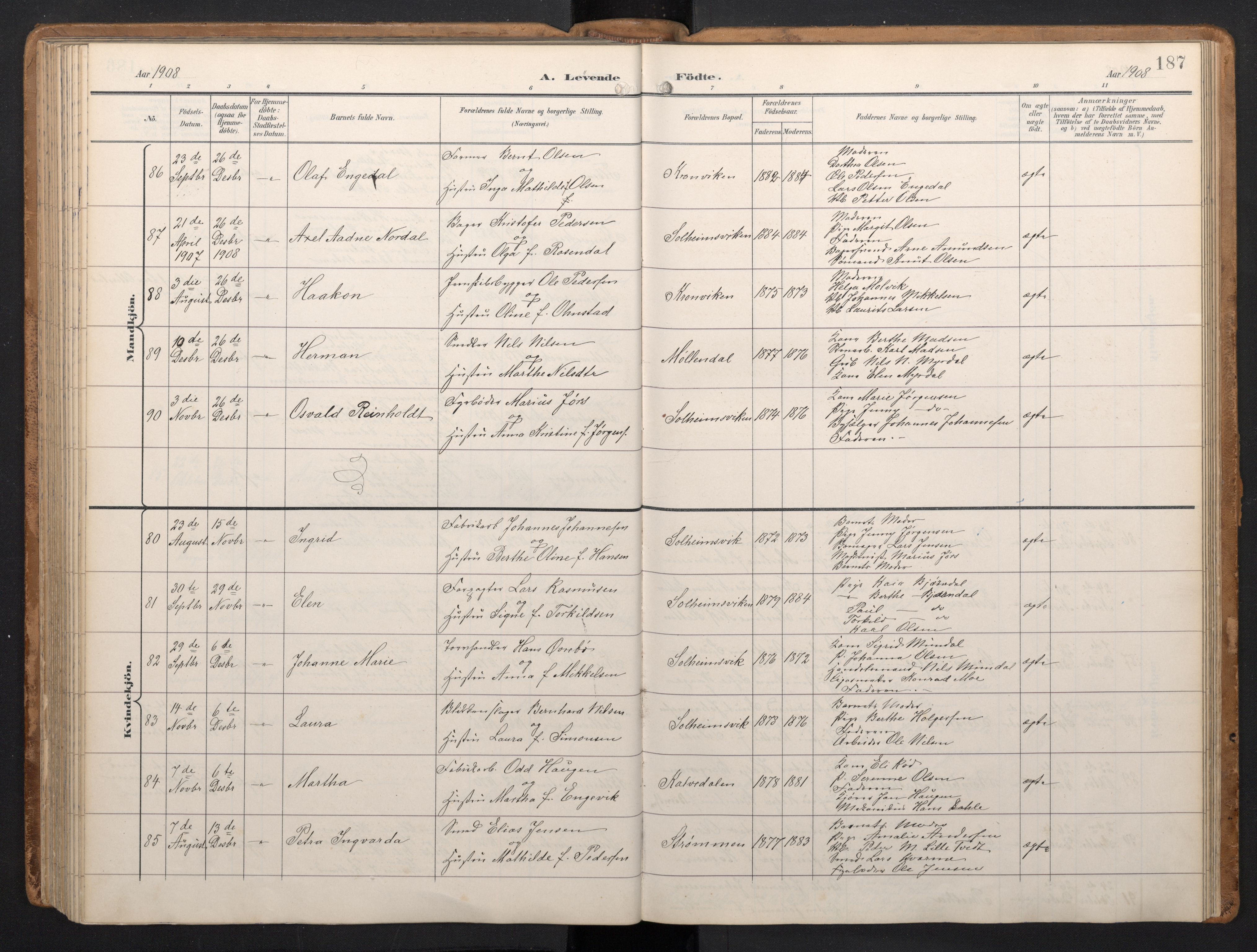 Årstad Sokneprestembete, AV/SAB-A-79301/H/Hab/L0002: Parish register (copy) no. A 2, 1896-1912, p. 186b-187a