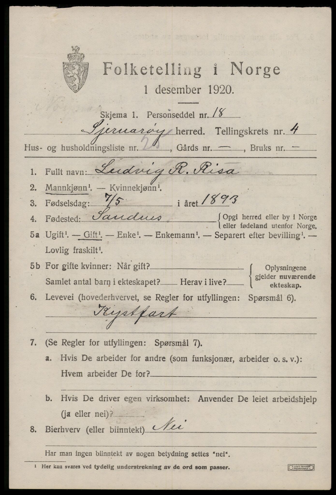 SAST, 1920 census for Sjernarøy, 1920, p. 1240