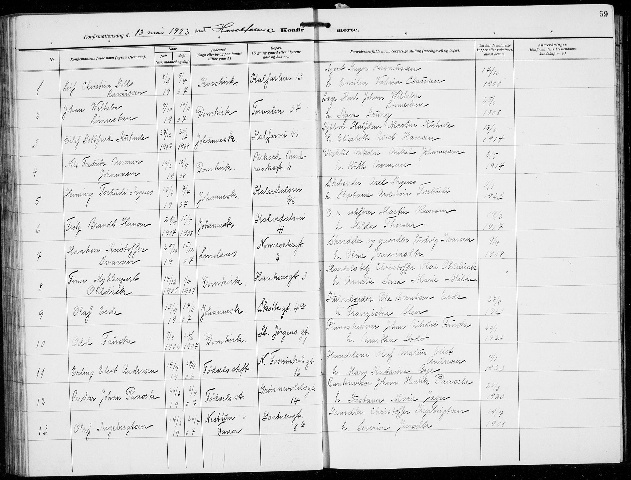 Domkirken sokneprestembete, SAB/A-74801/H/Hab/L0026: Parish register (copy) no. C 6, 1916-1933, p. 59