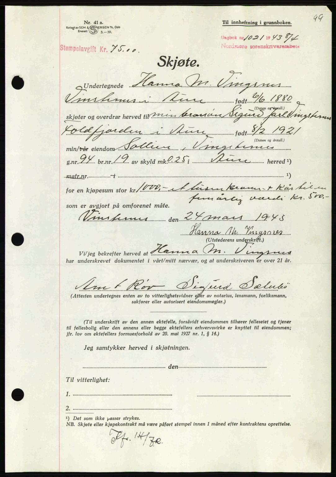 Nordmøre sorenskriveri, AV/SAT-A-4132/1/2/2Ca: Mortgage book no. A95, 1943-1943, Diary no: : 1021/1943