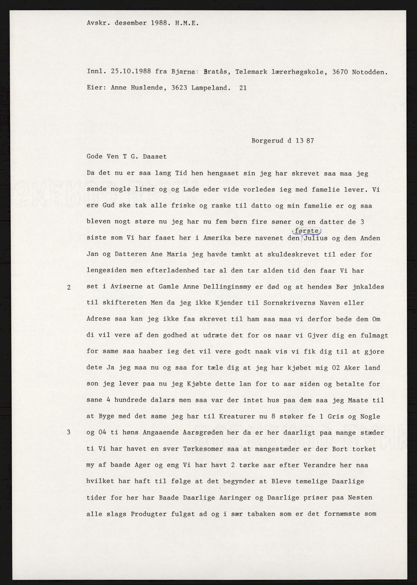 Samlinger til kildeutgivelse, Amerikabrevene, AV/RA-EA-4057/F/L0017: Innlån fra Buskerud: Bratås, 1838-1914, p. 255