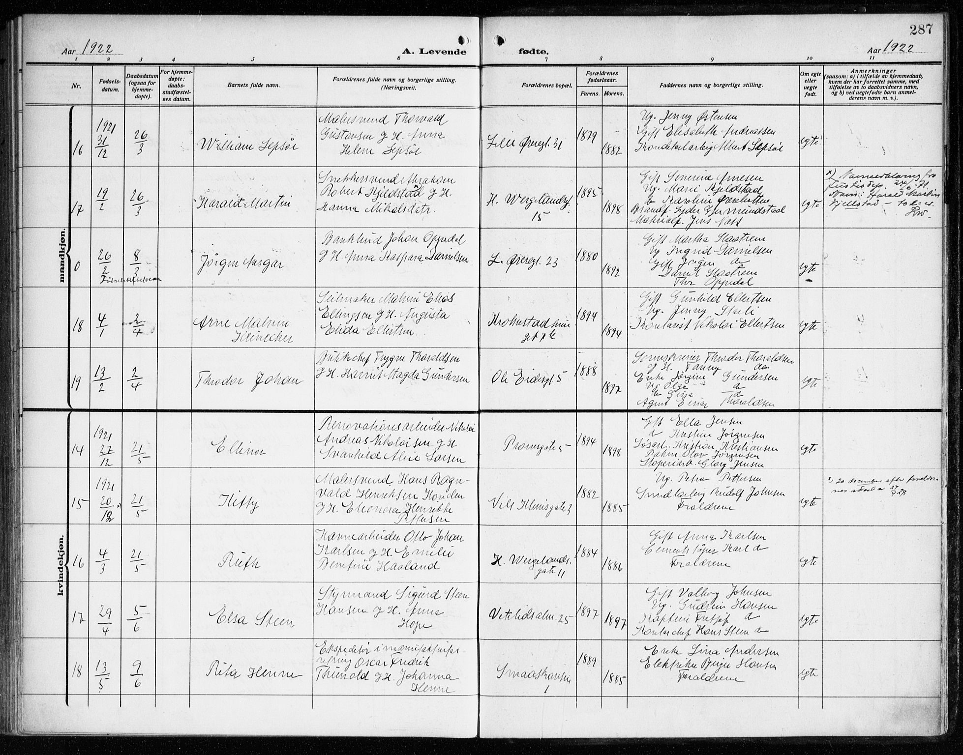 Korskirken sokneprestembete, AV/SAB-A-76101/H/Haa: Parish register (official) no. B 10, 1909-1923, p. 287