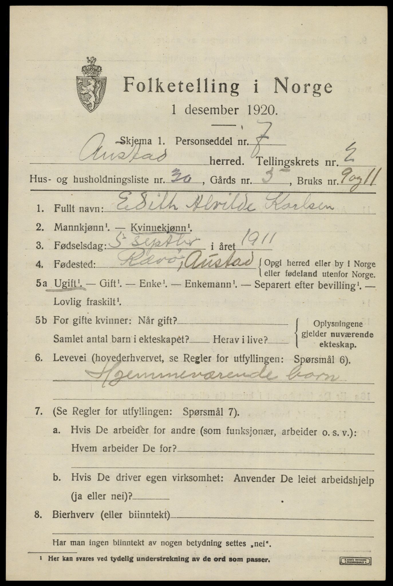 SAK, 1920 census for Austad, 1920, p. 1027
