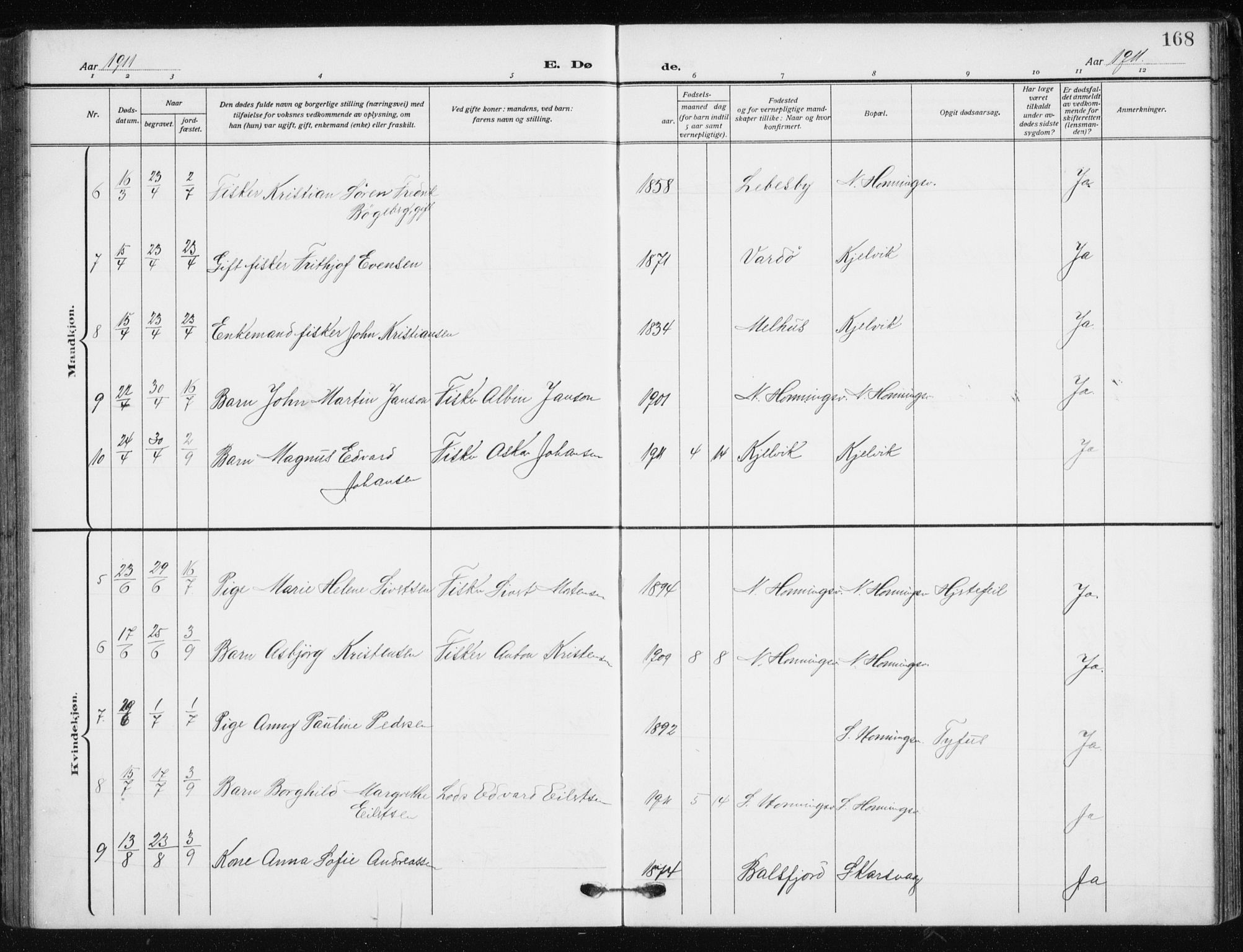 Kjelvik/Nordkapp sokneprestkontor, SATØ/S-1350/H/Ha/L0001kirke: Parish register (official) no. 1, 1911-1919, p. 168