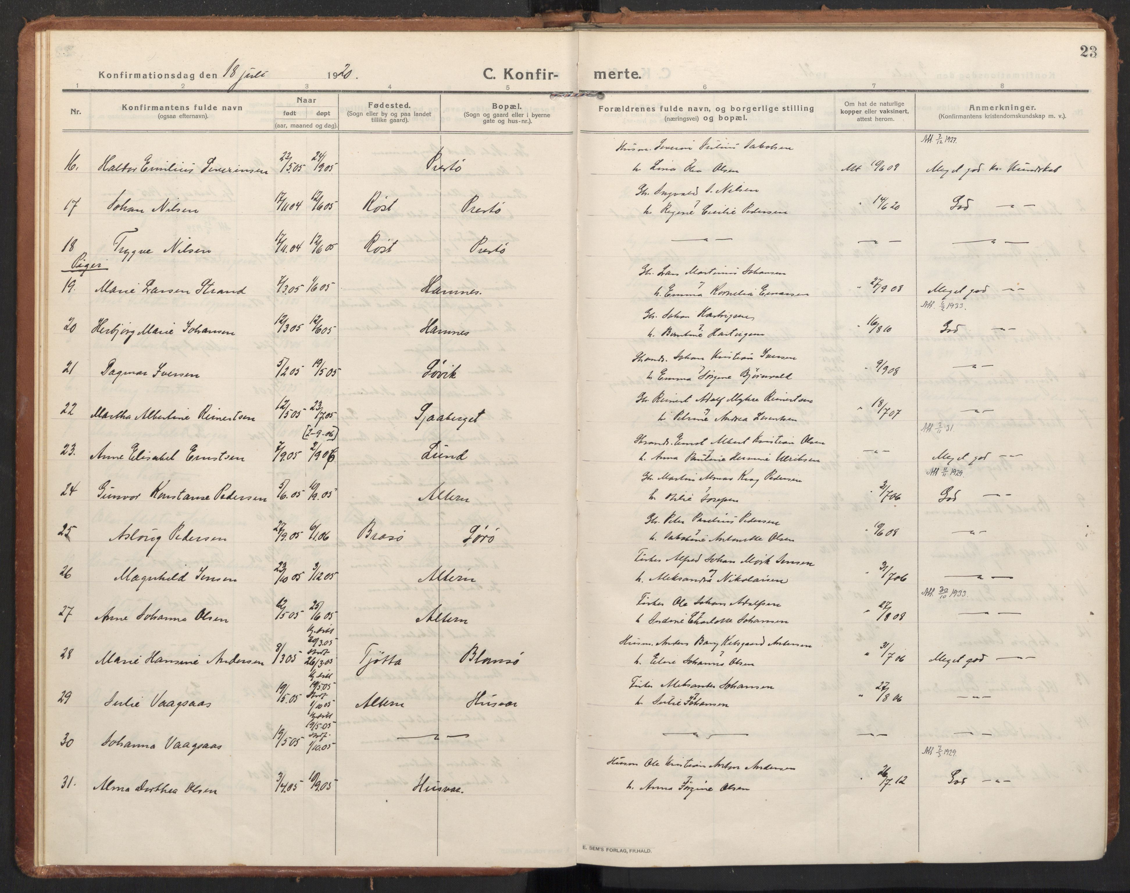 Ministerialprotokoller, klokkerbøker og fødselsregistre - Nordland, AV/SAT-A-1459/830/L0456: Parish register (official) no. 830A20, 1914-1937, p. 23